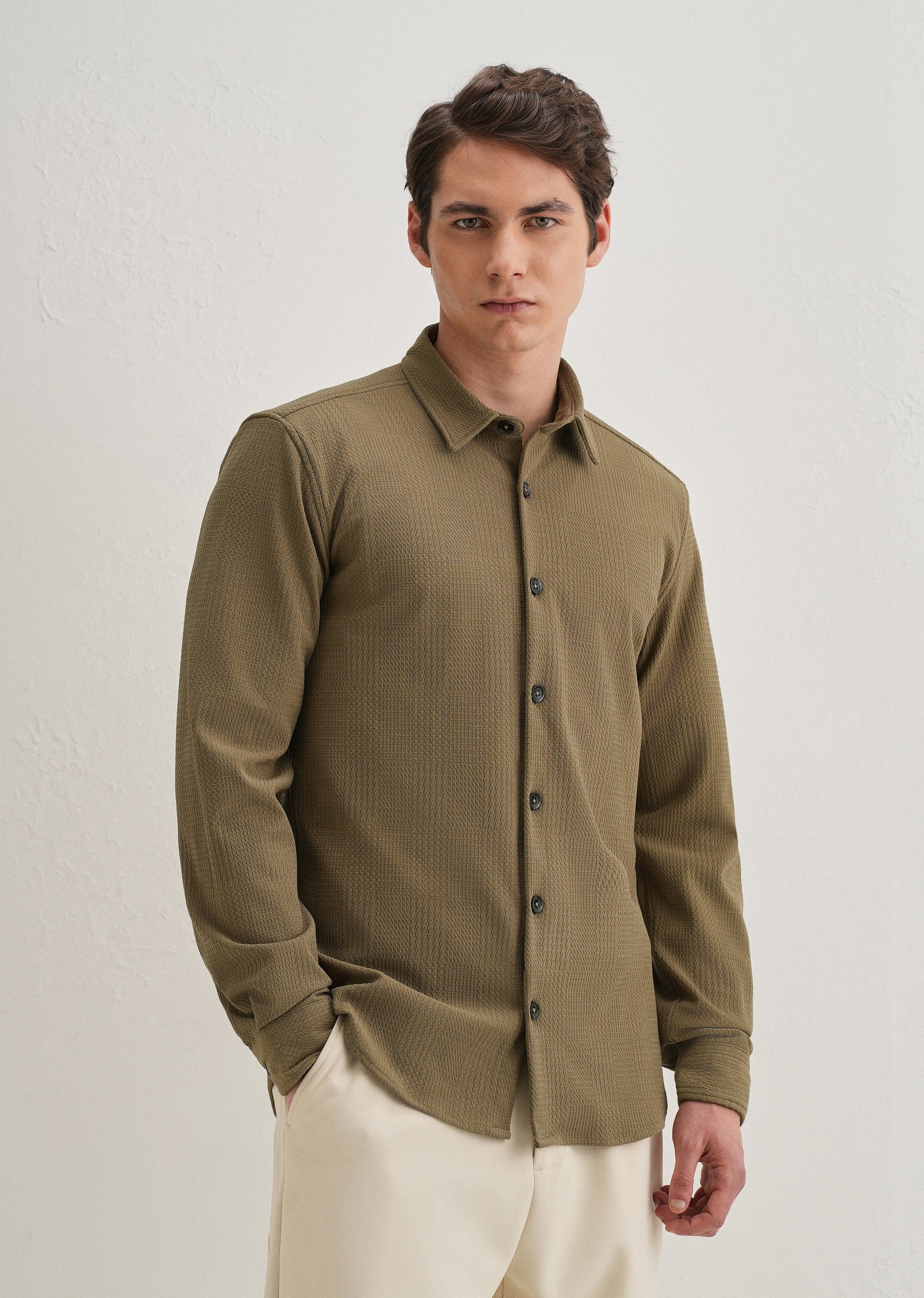 Olive Green Grid Textured Knit Shirt