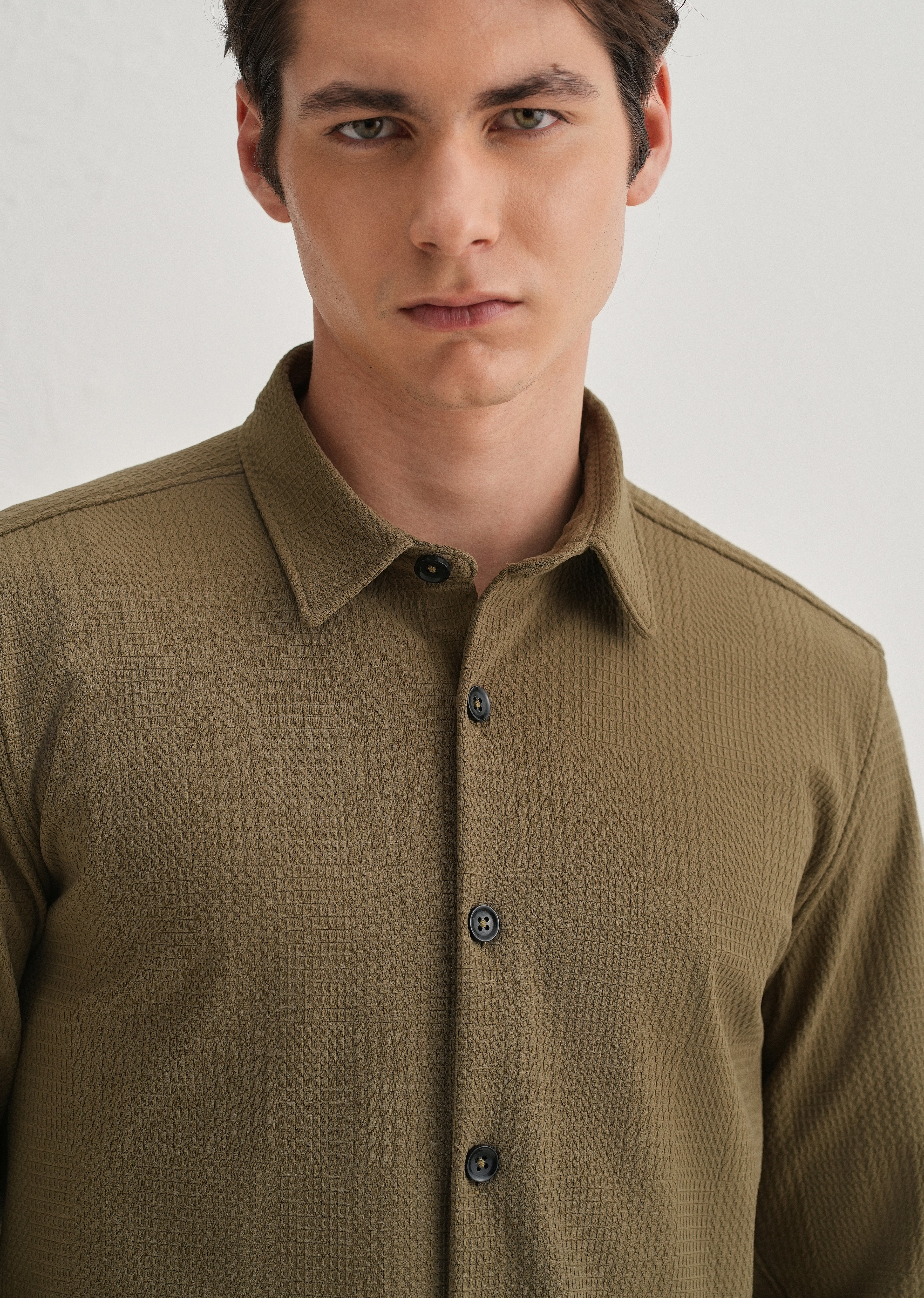 Olive Green Grid Textured Knit Shirt