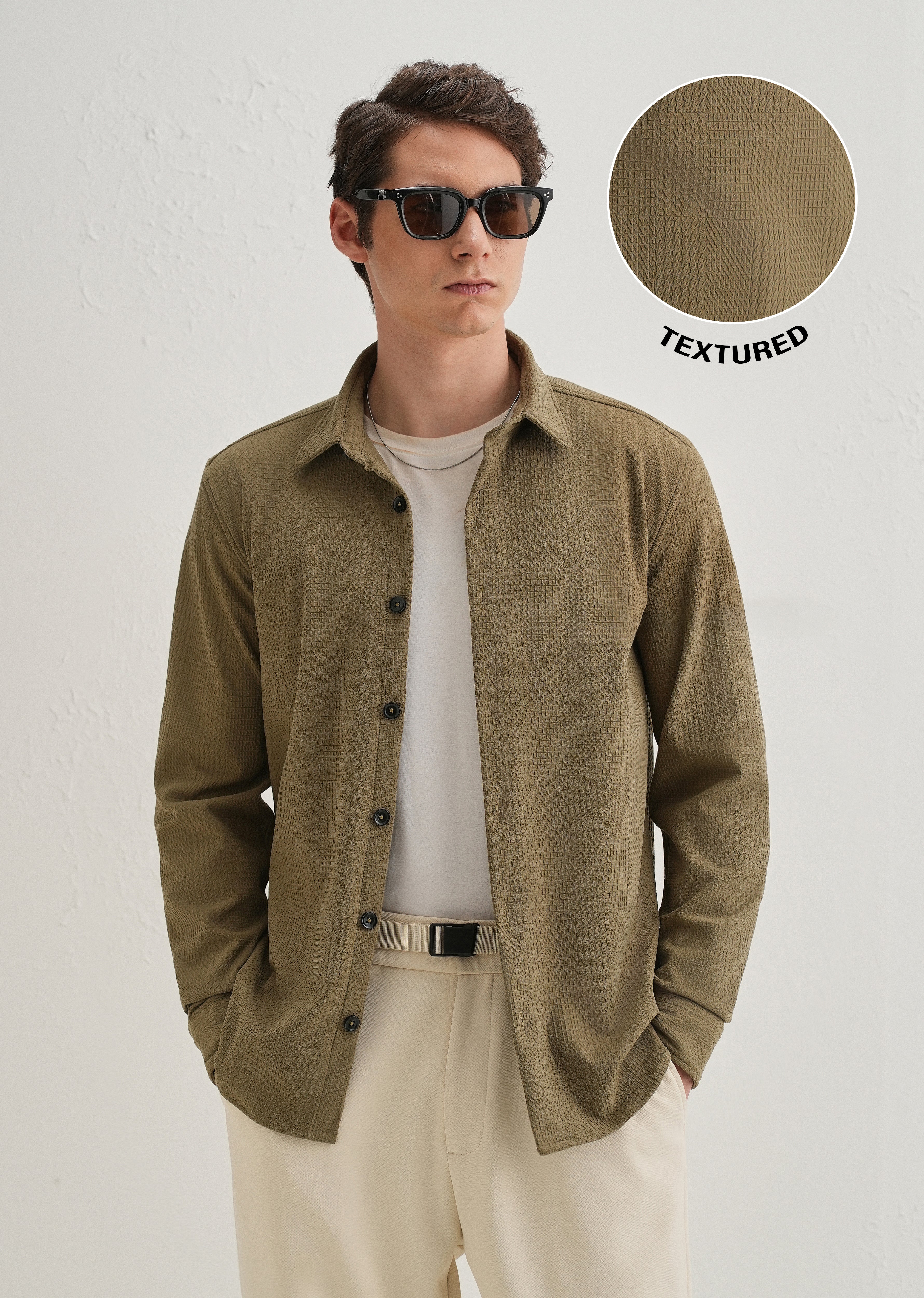 Olive Green Grid Textured Knit Shirt
