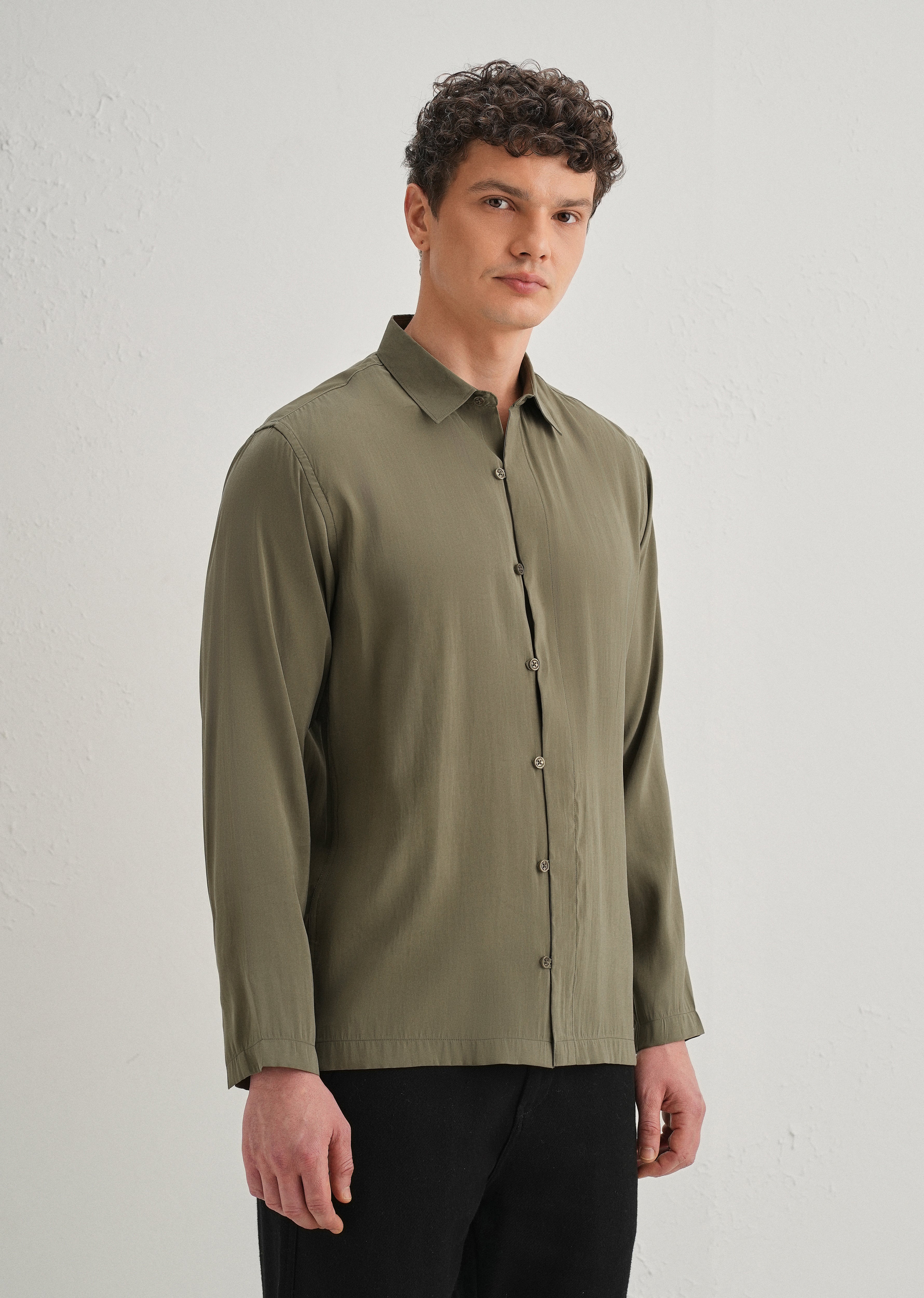 Olive Green Loop Button-Down Plain Shirt