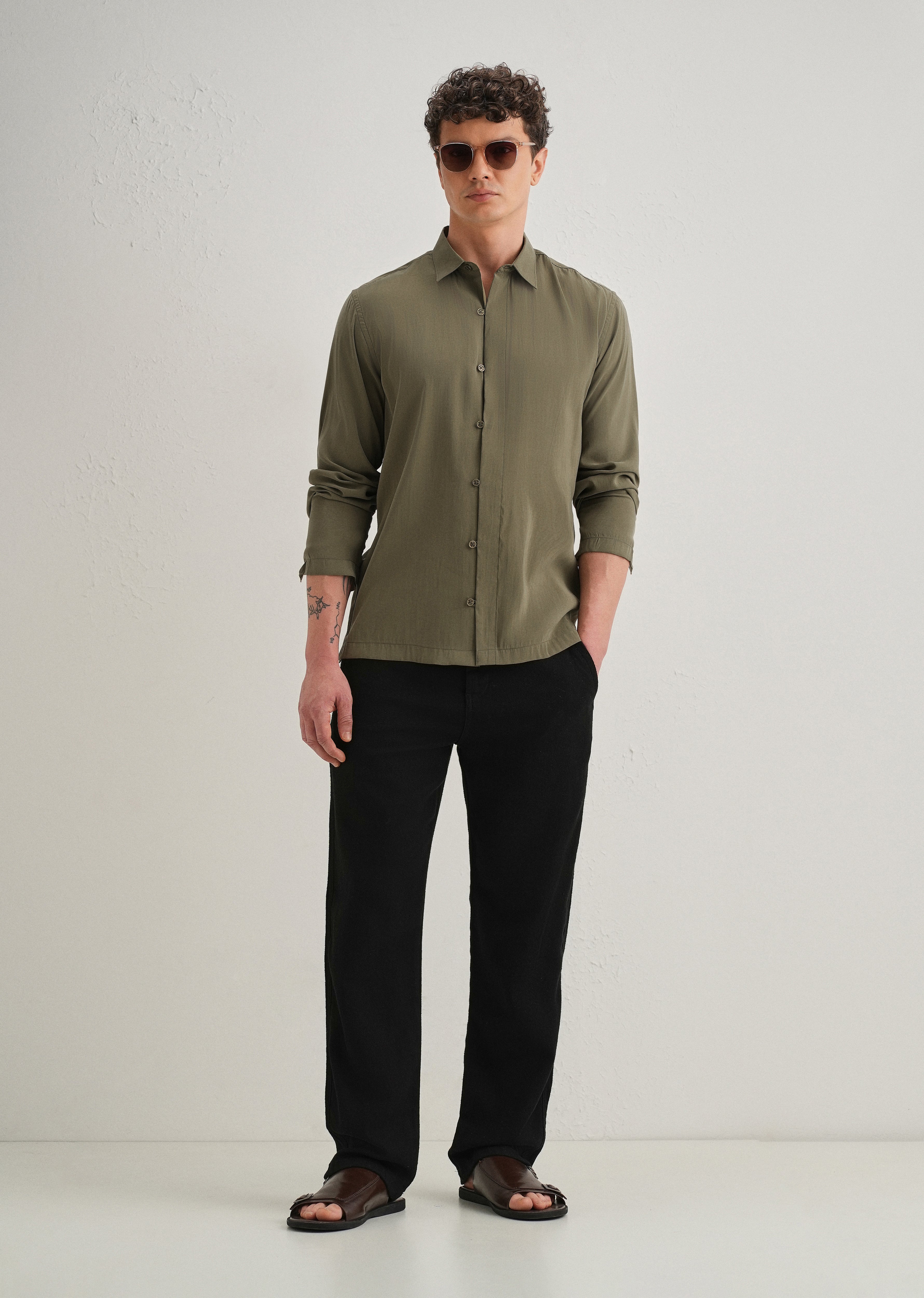 Olive Green Loop Button-Down Plain Shirt