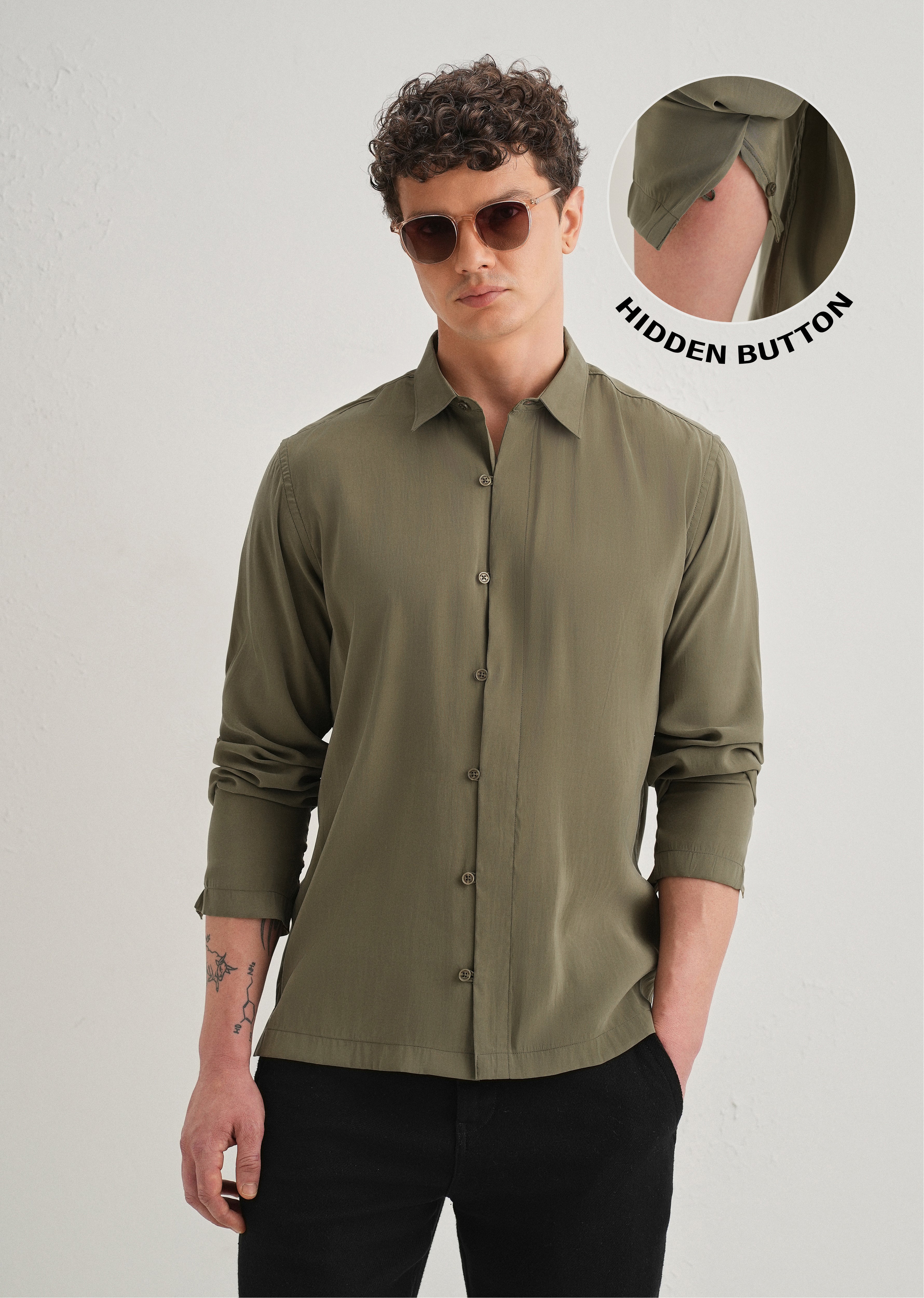 Olive Green Loop Button-Down Plain Shirt