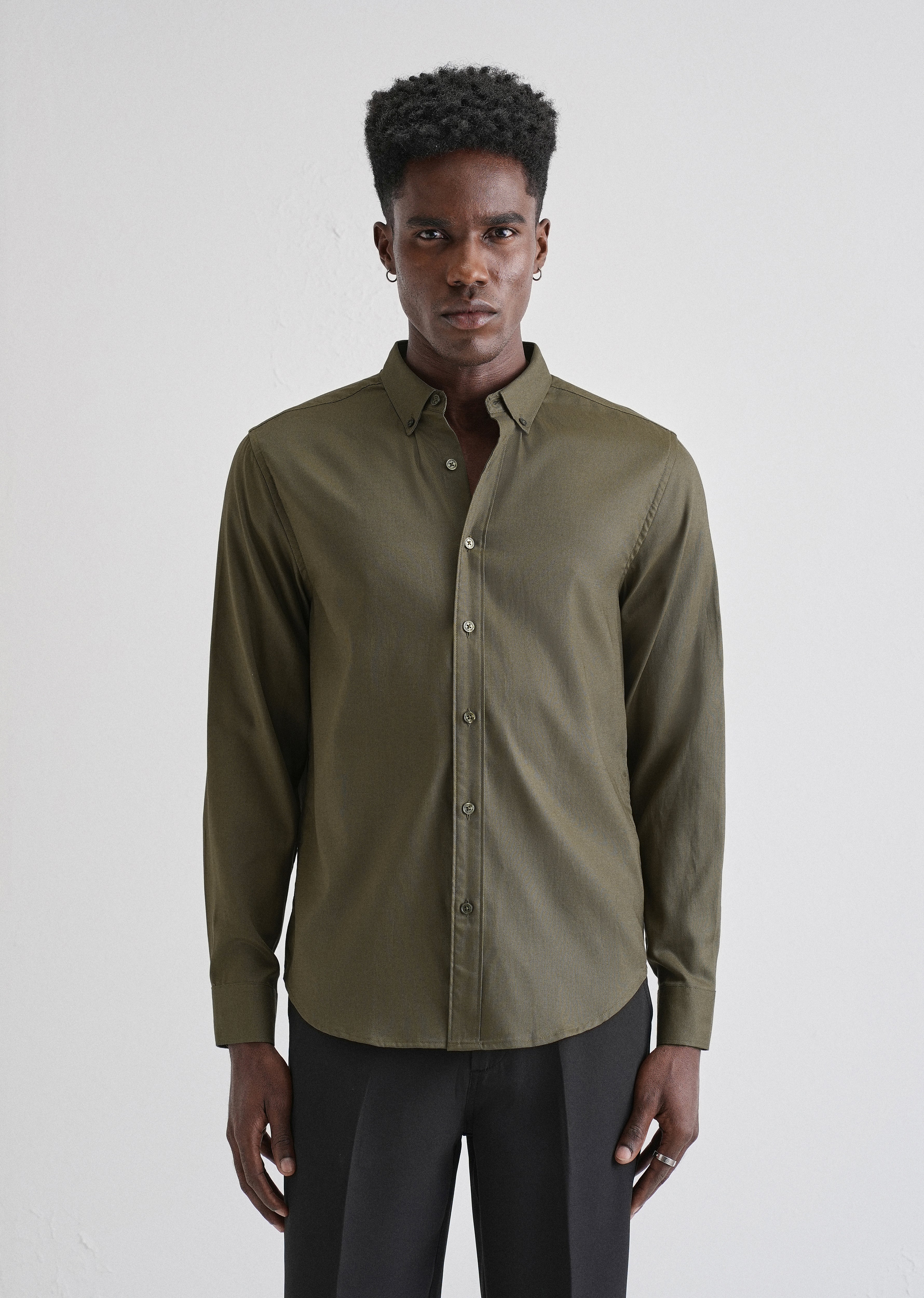 Olive Green Plain Blended Cotton Regular Fit Shirt