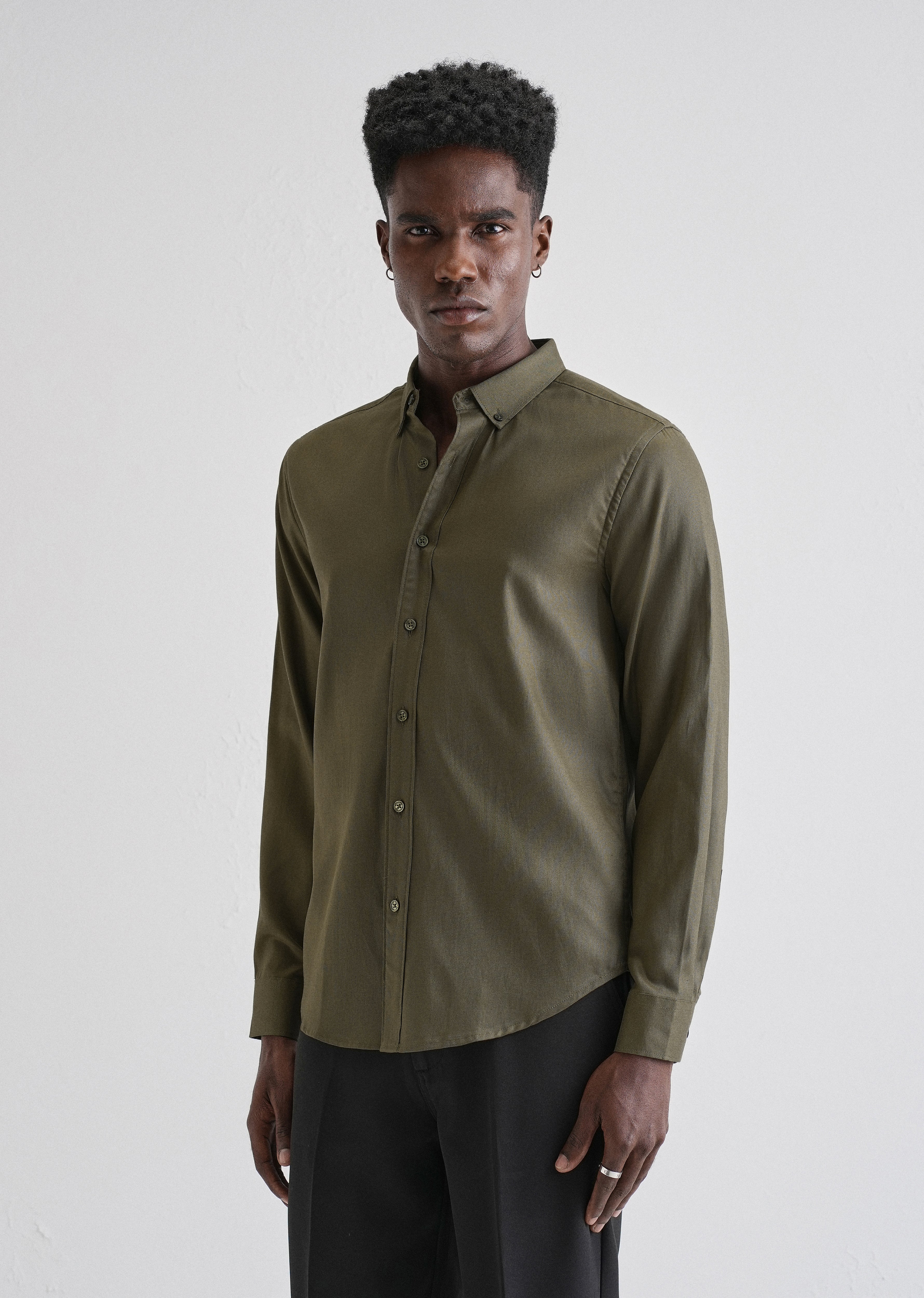 Olive Green Plain Blended Cotton Regular Fit Shirt