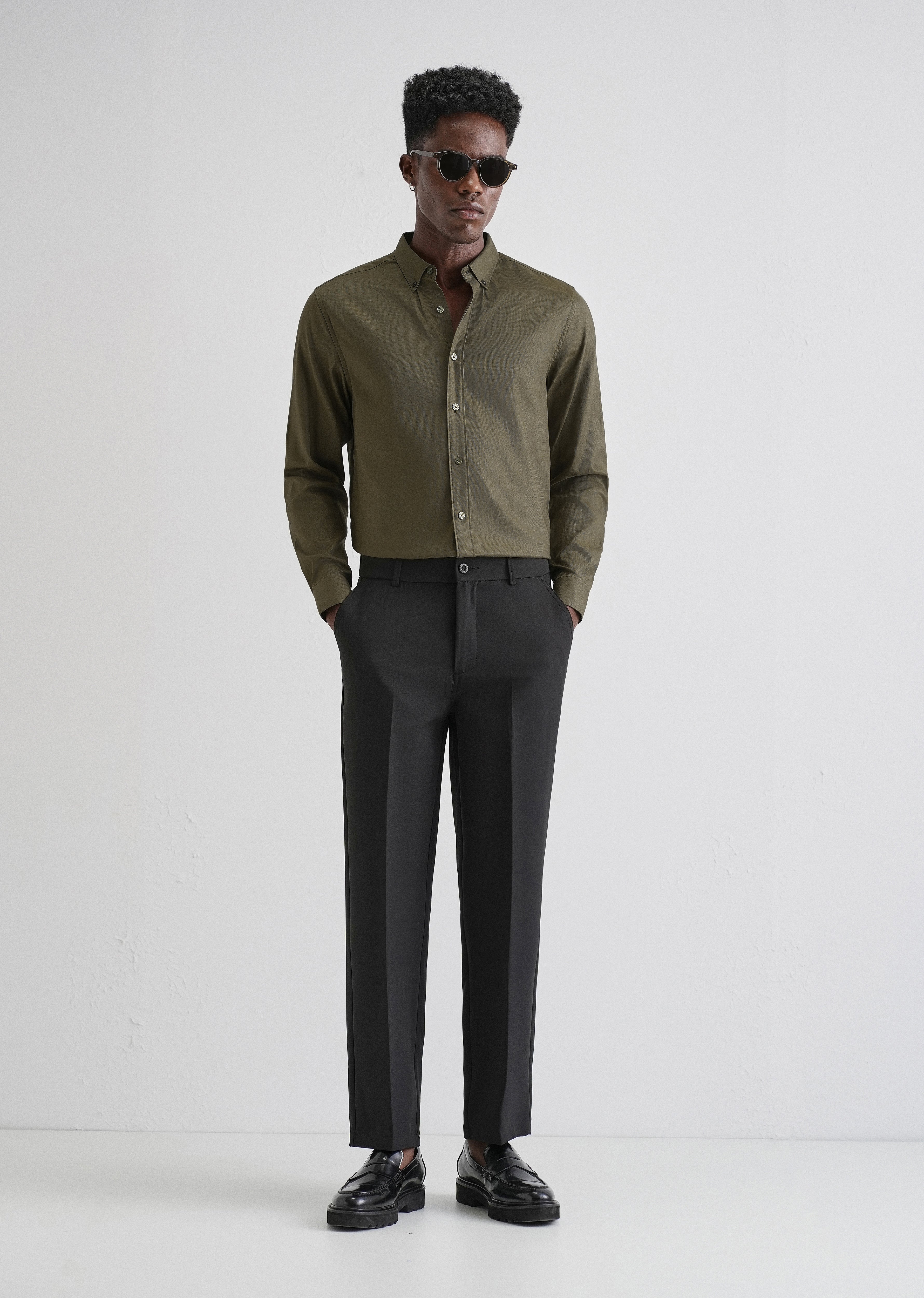Olive Green Plain Blended Cotton Regular Fit Shirt