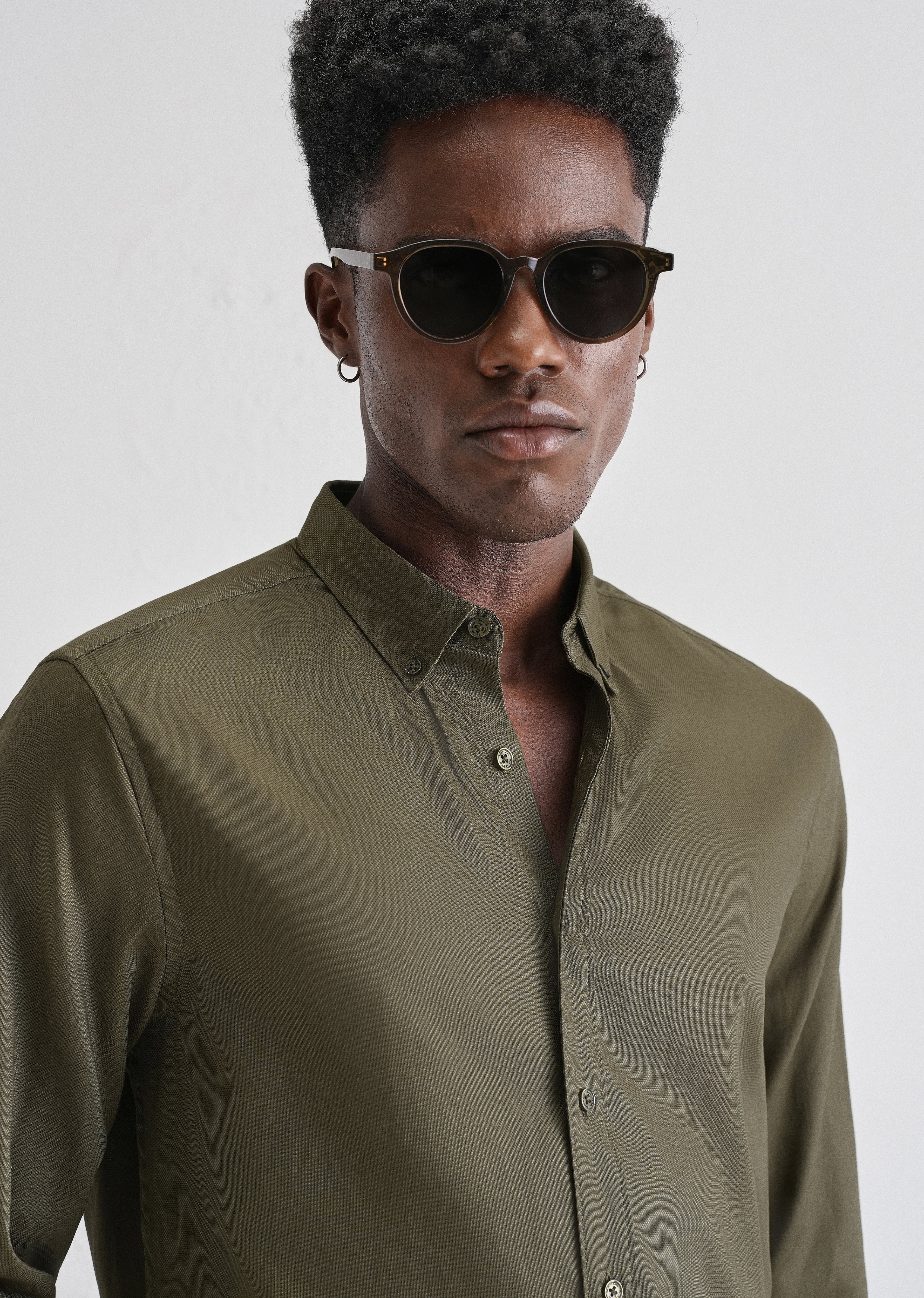 Olive Green Plain Blended Cotton Regular Fit Shirt