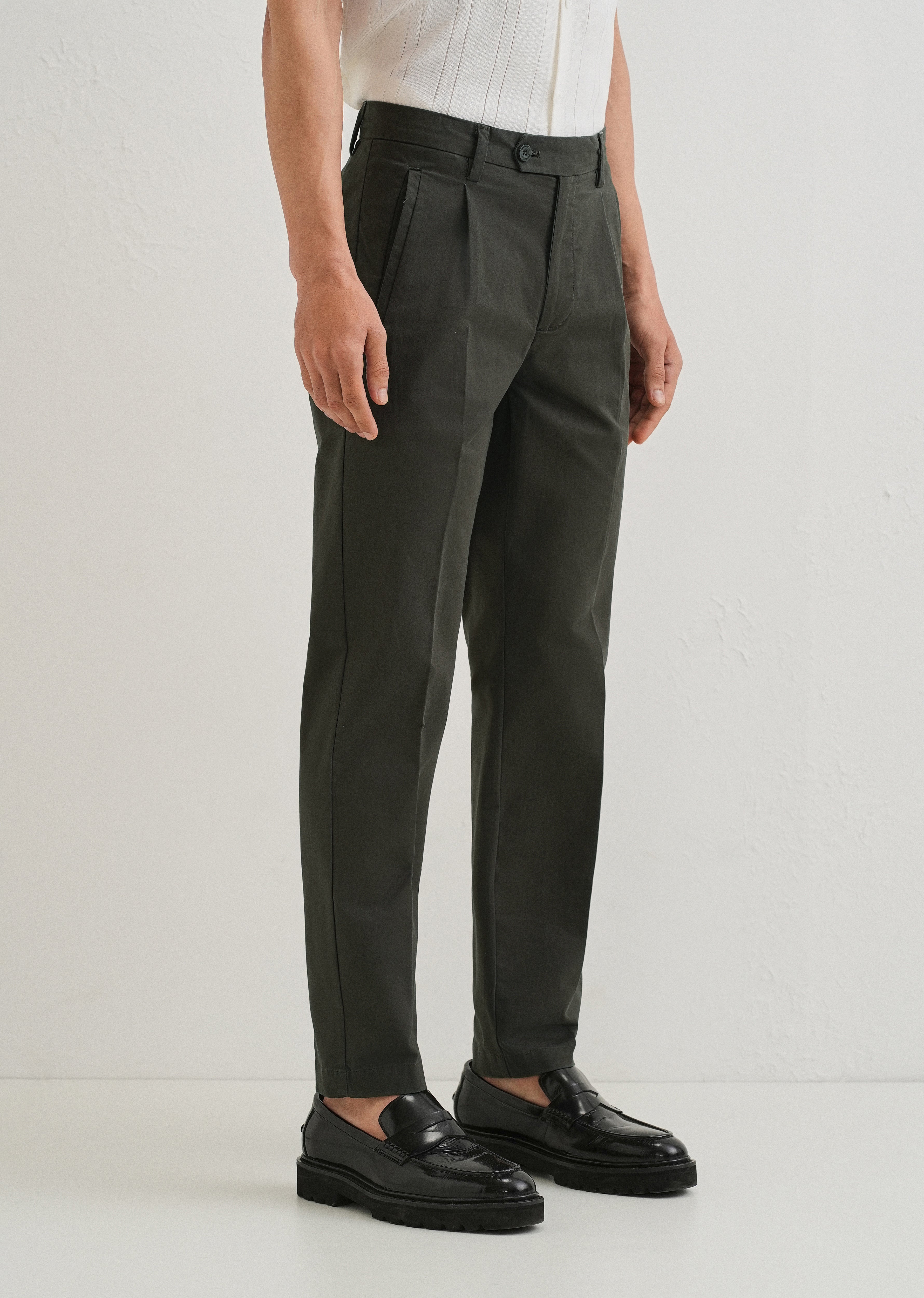 Olive Green Plain Pleated Chinos