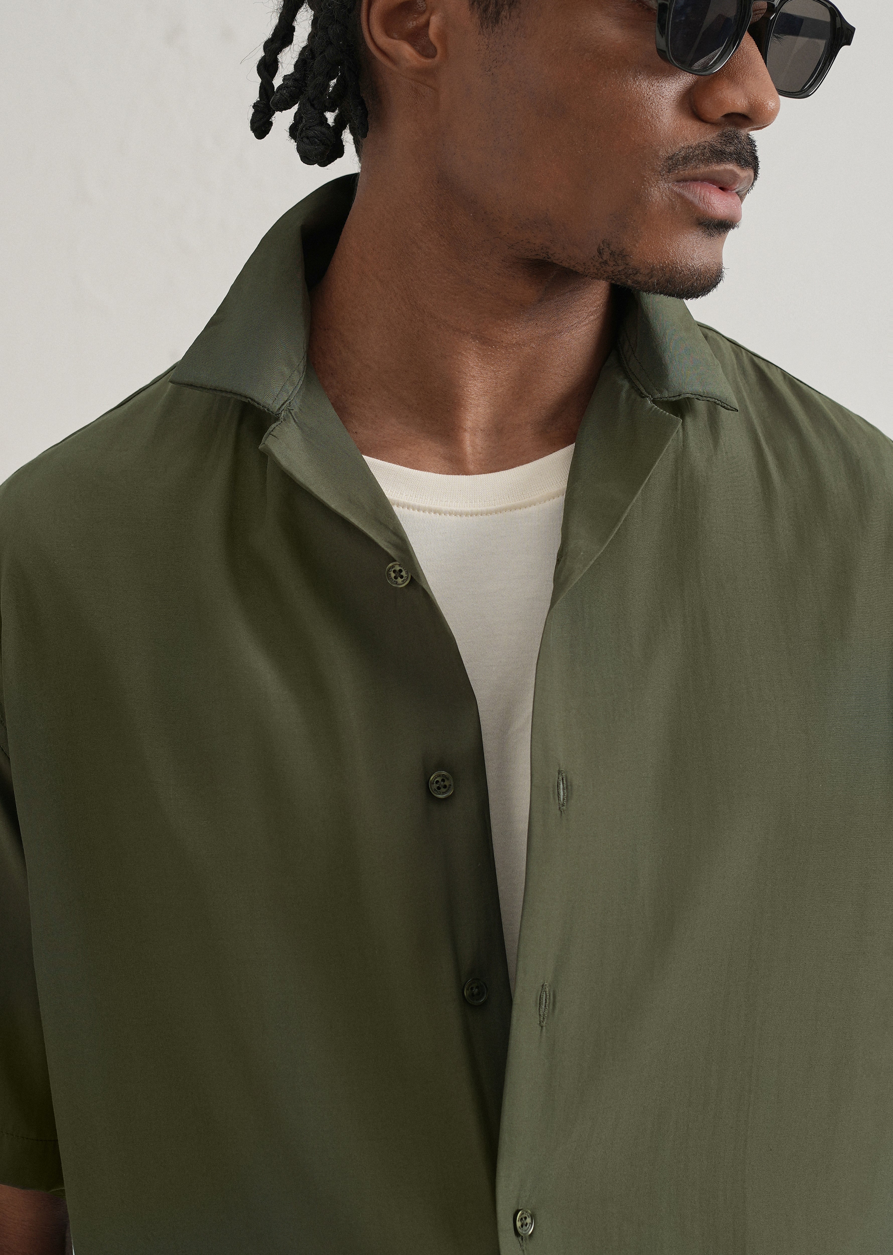 Olive Green Plain Sheen Cuban Collar Shirt