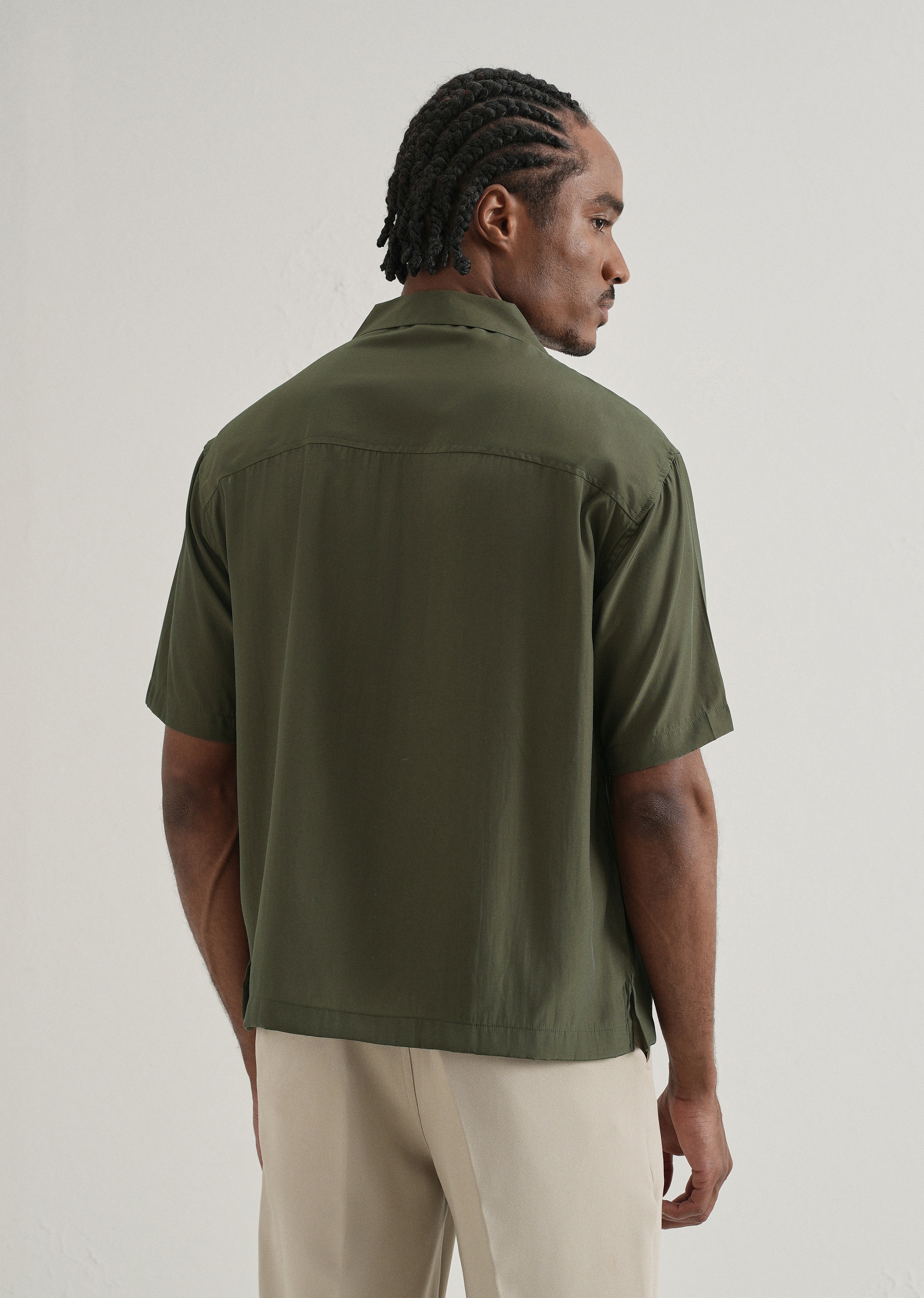 Olive Green Plain Sheen Cuban Collar Shirt