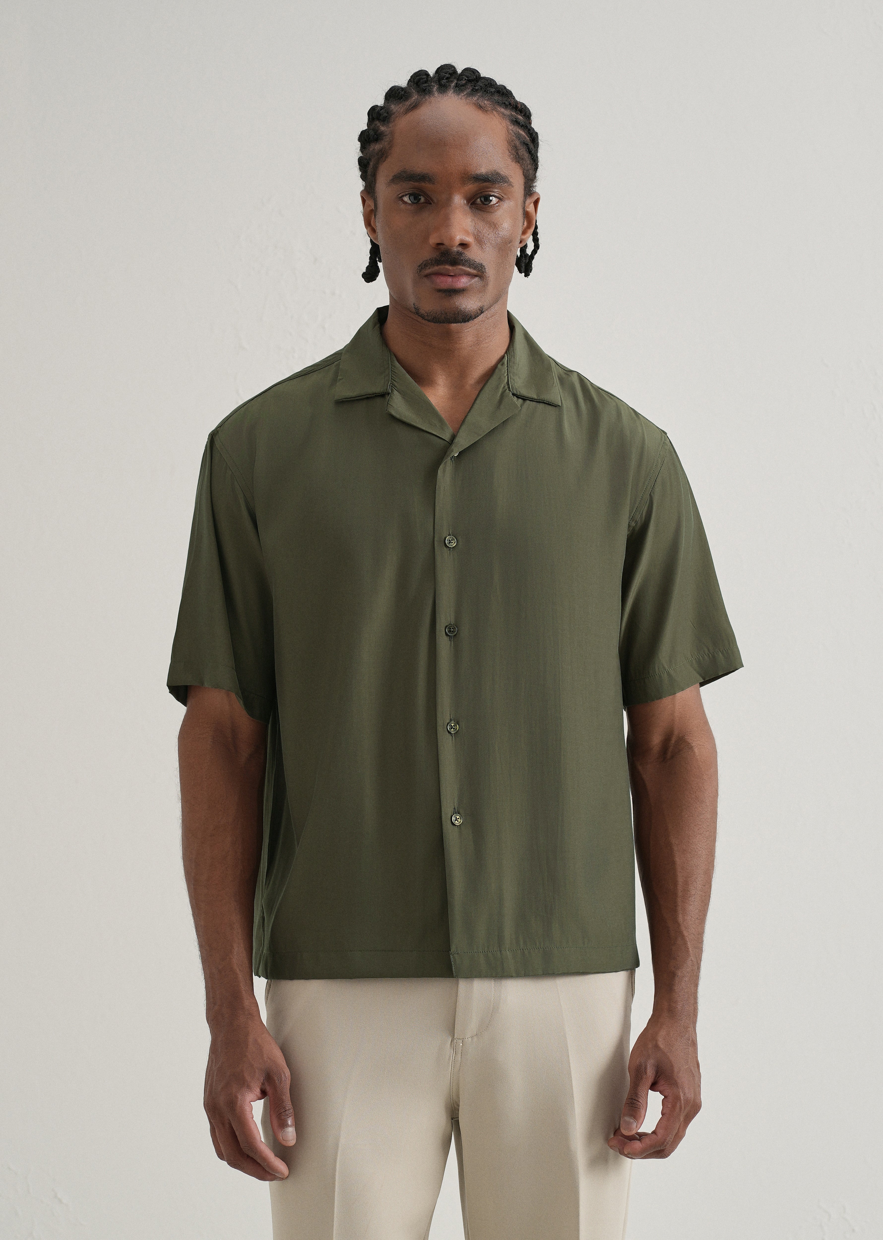 Olive Green Plain Sheen Cuban Collar Shirt