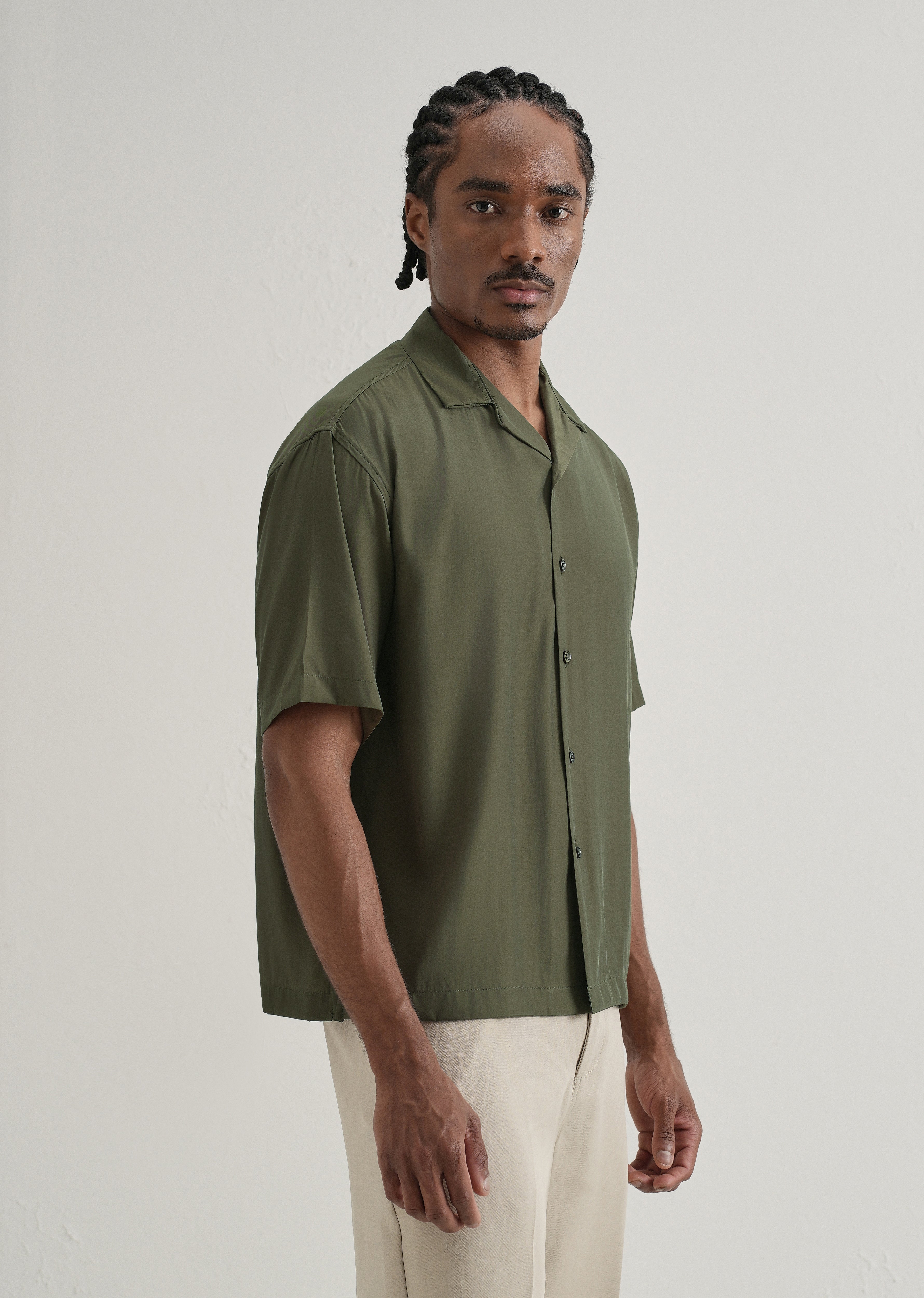 Olive Green Plain Sheen Cuban Collar Shirt