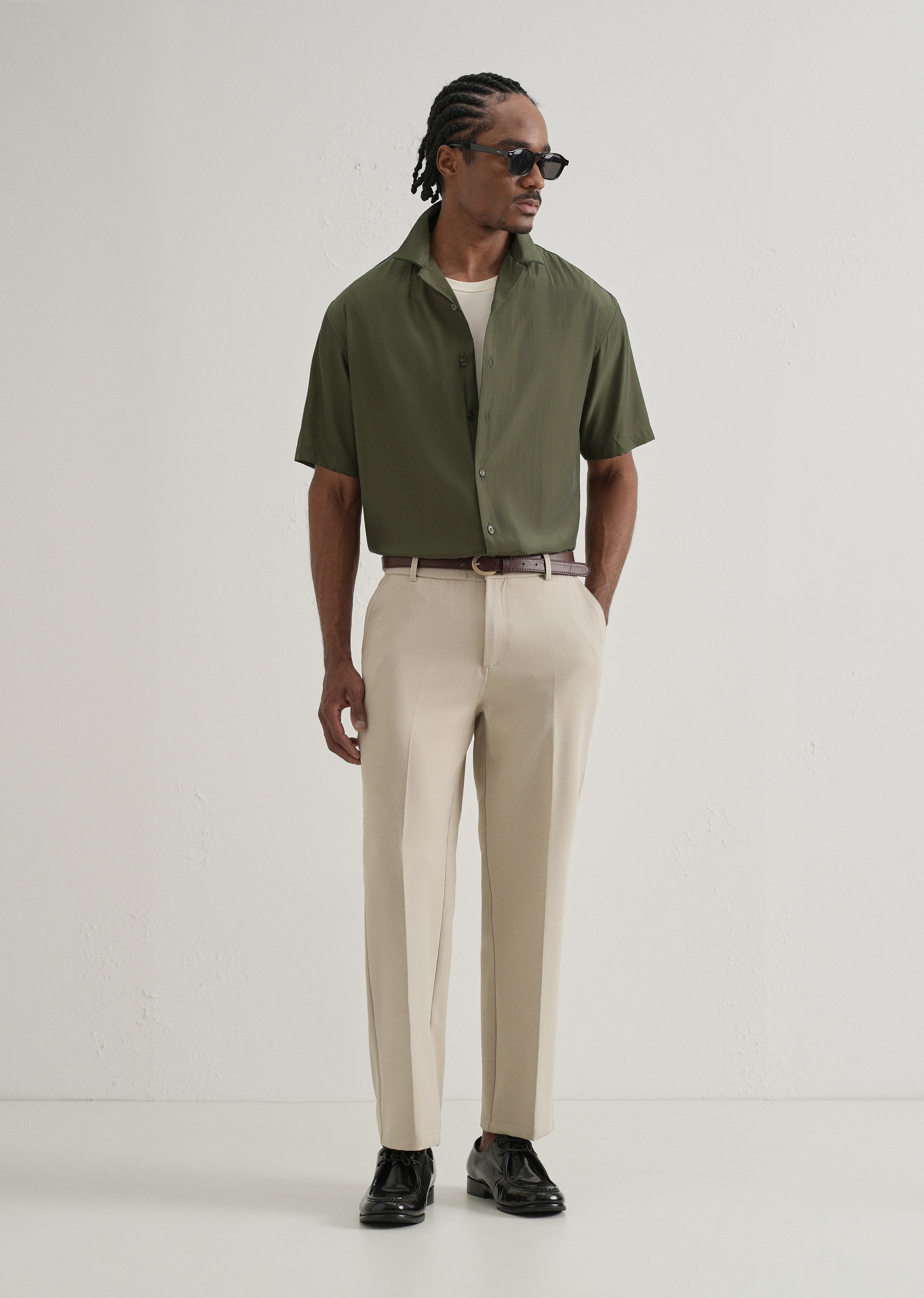 Olive Green Plain Sheen Cuban Collar Shirt