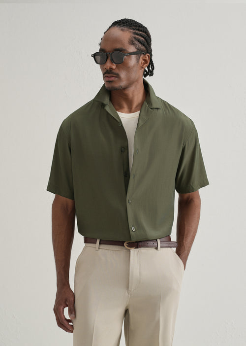 Olive Green Plain Sheen Cuban Collar Shirt