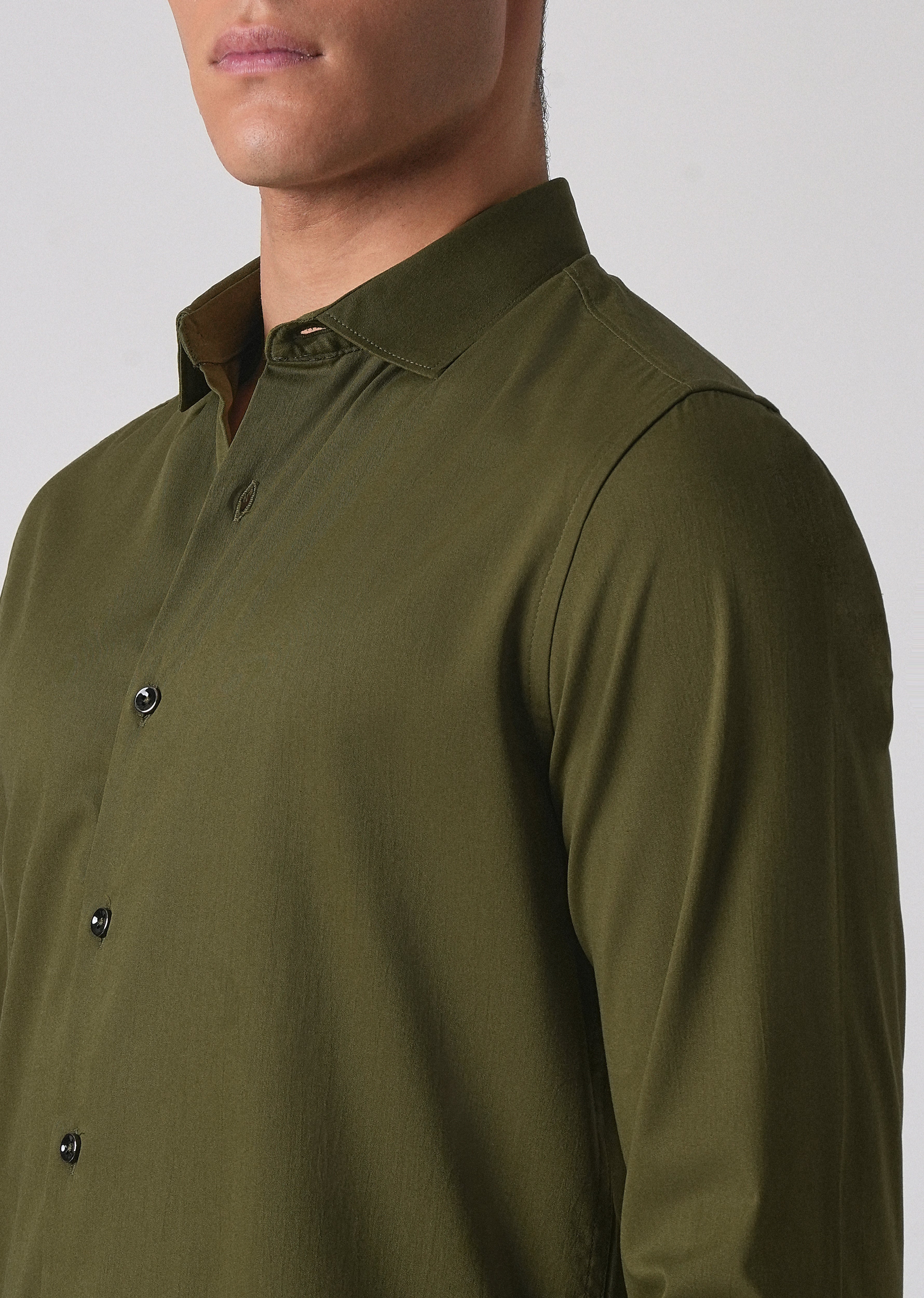 Olive Green Cotton Stretch Plain Shirt