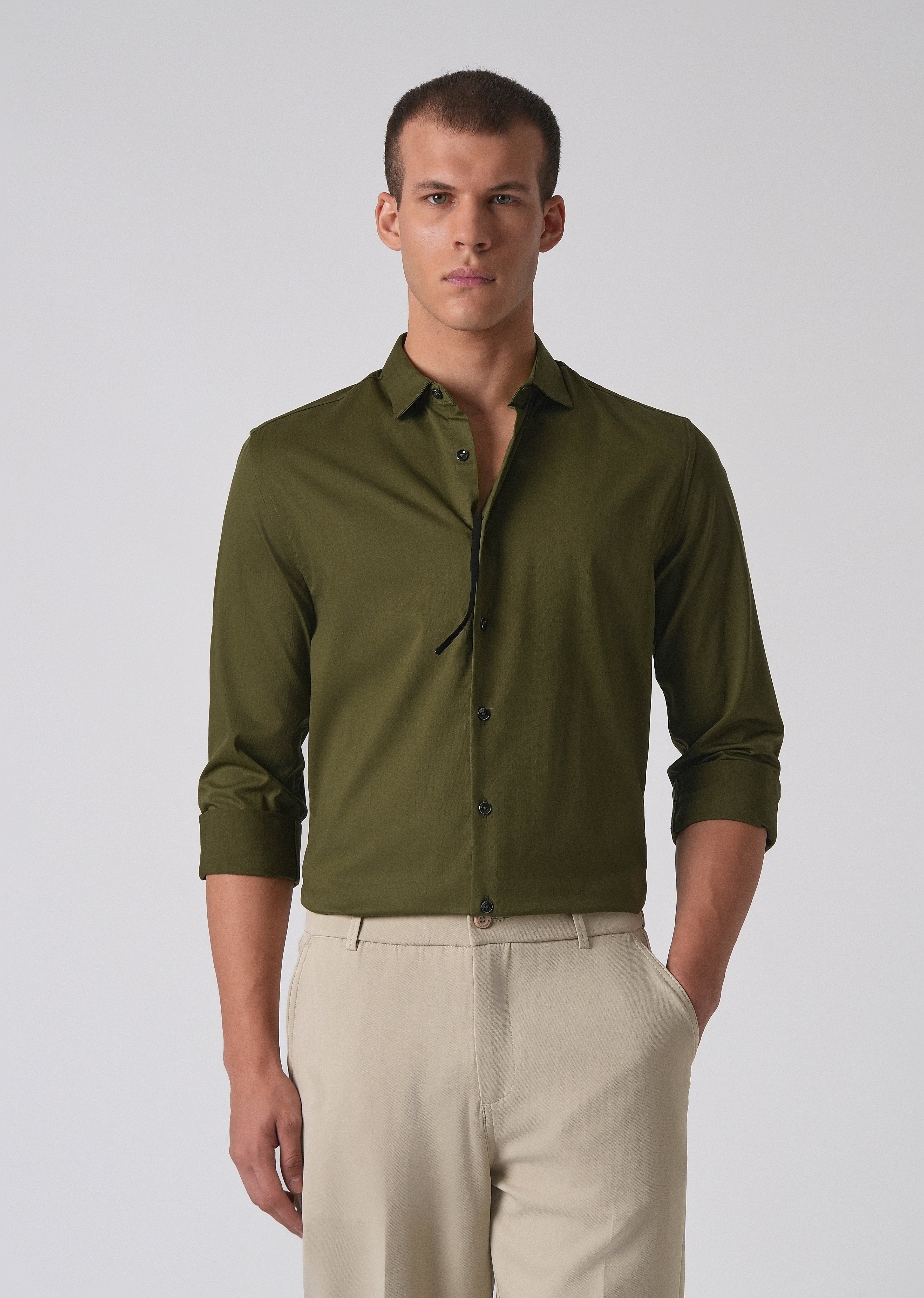 Olive Green Cotton Stretch Plain Shirt