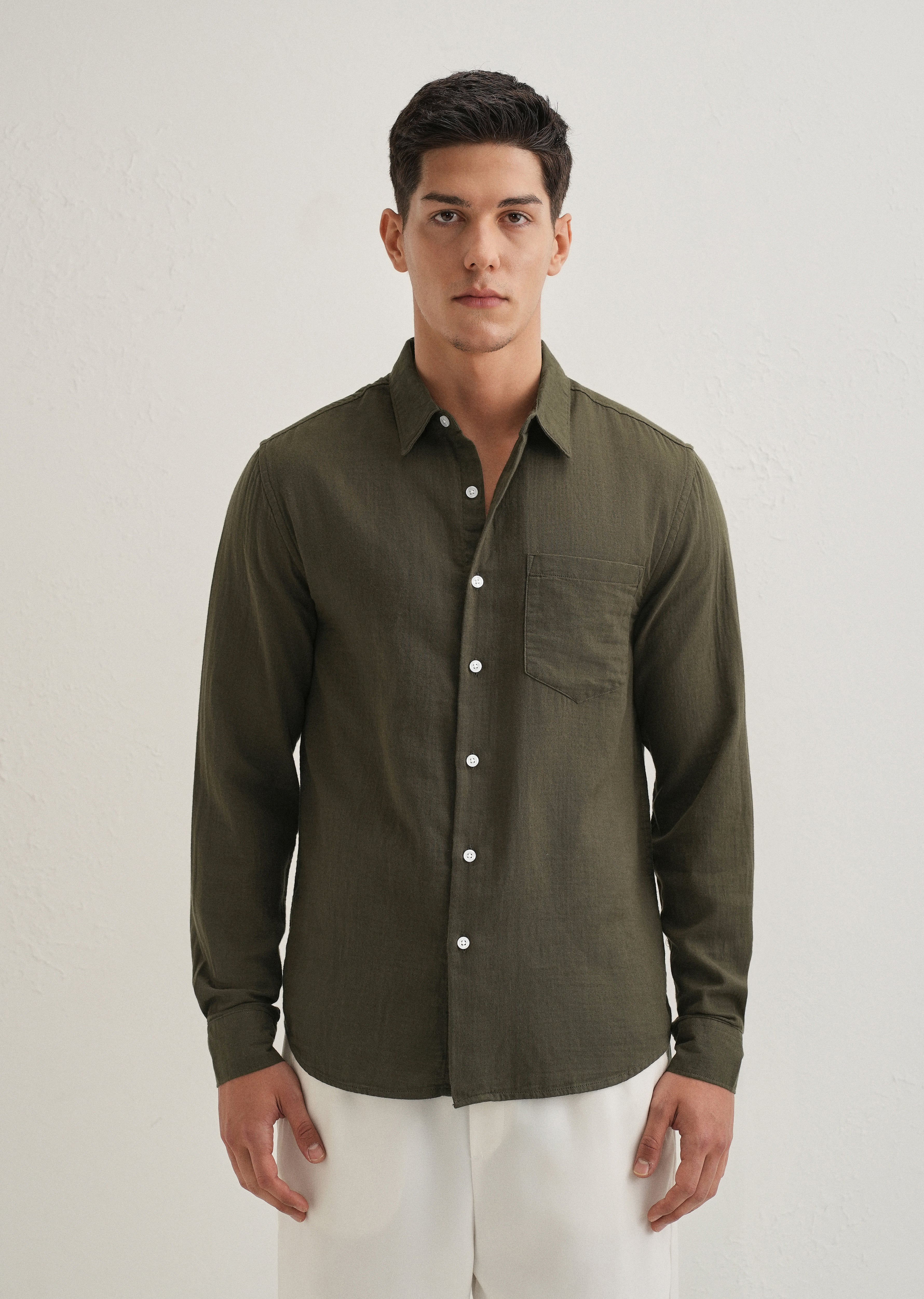 Olive Green Pure Cotton Stitchless Placket Shirt