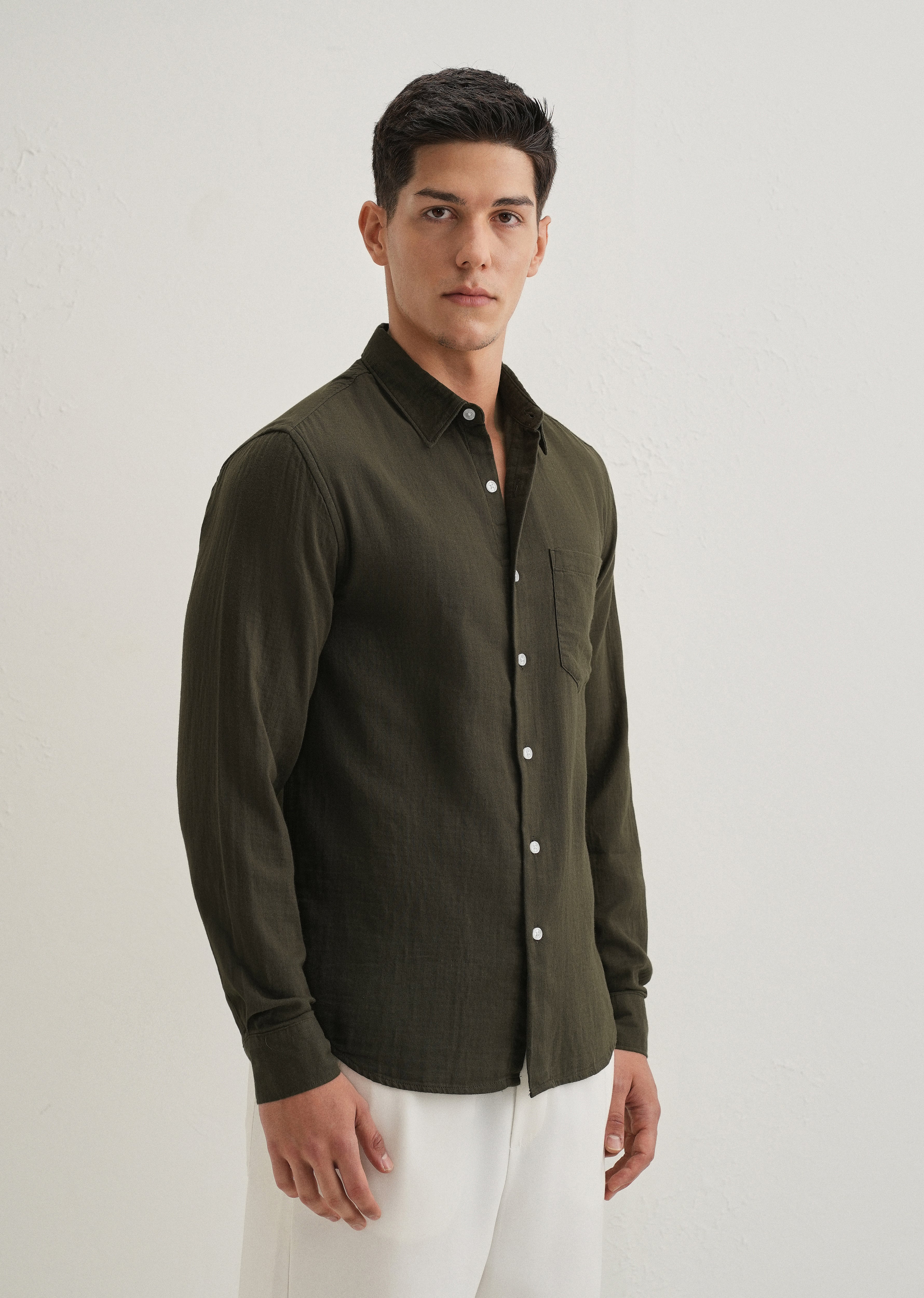 Olive Green Pure Cotton Stitchless Placket Shirt