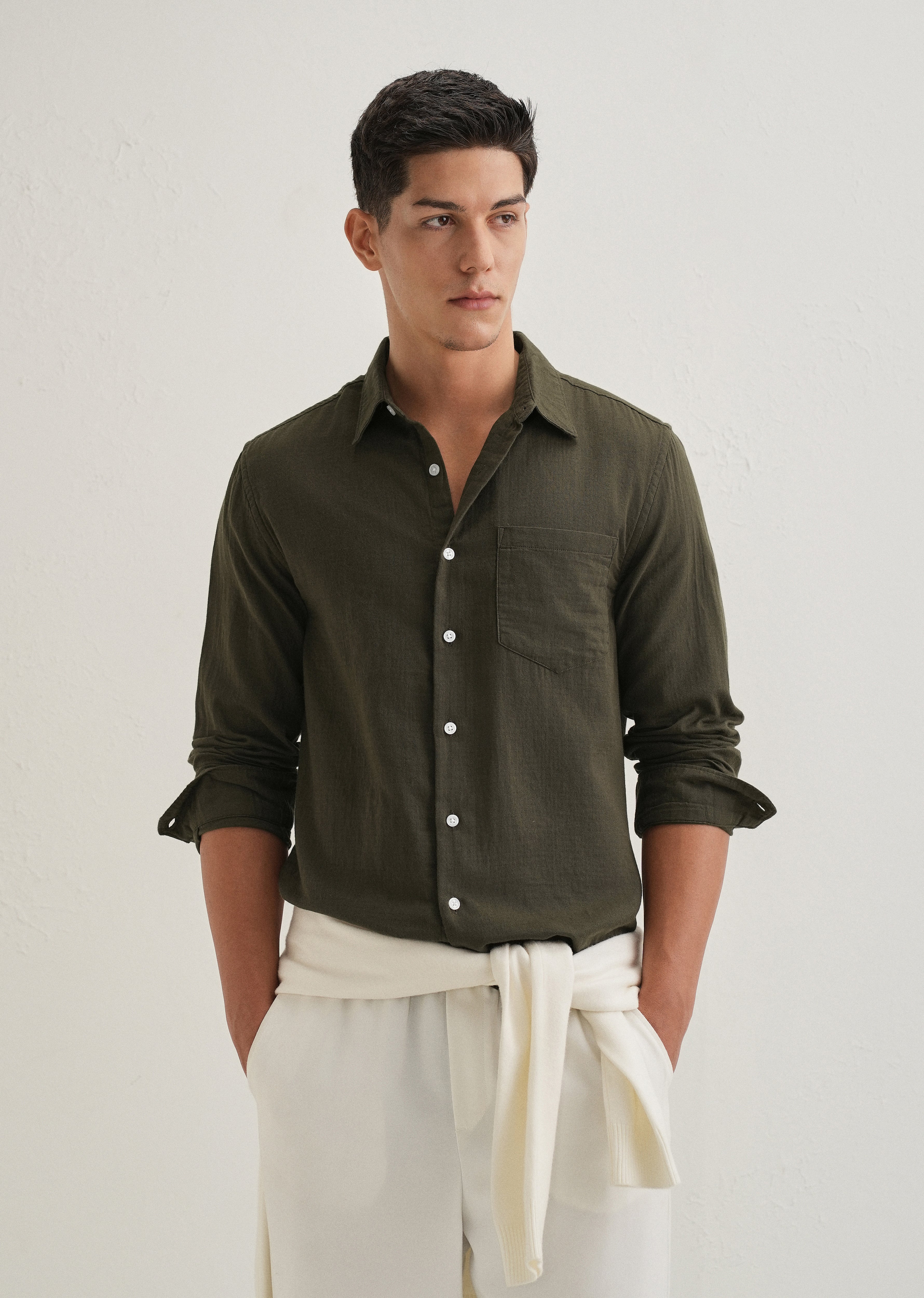 Olive Green Pure Cotton Stitchless Placket Shirt
