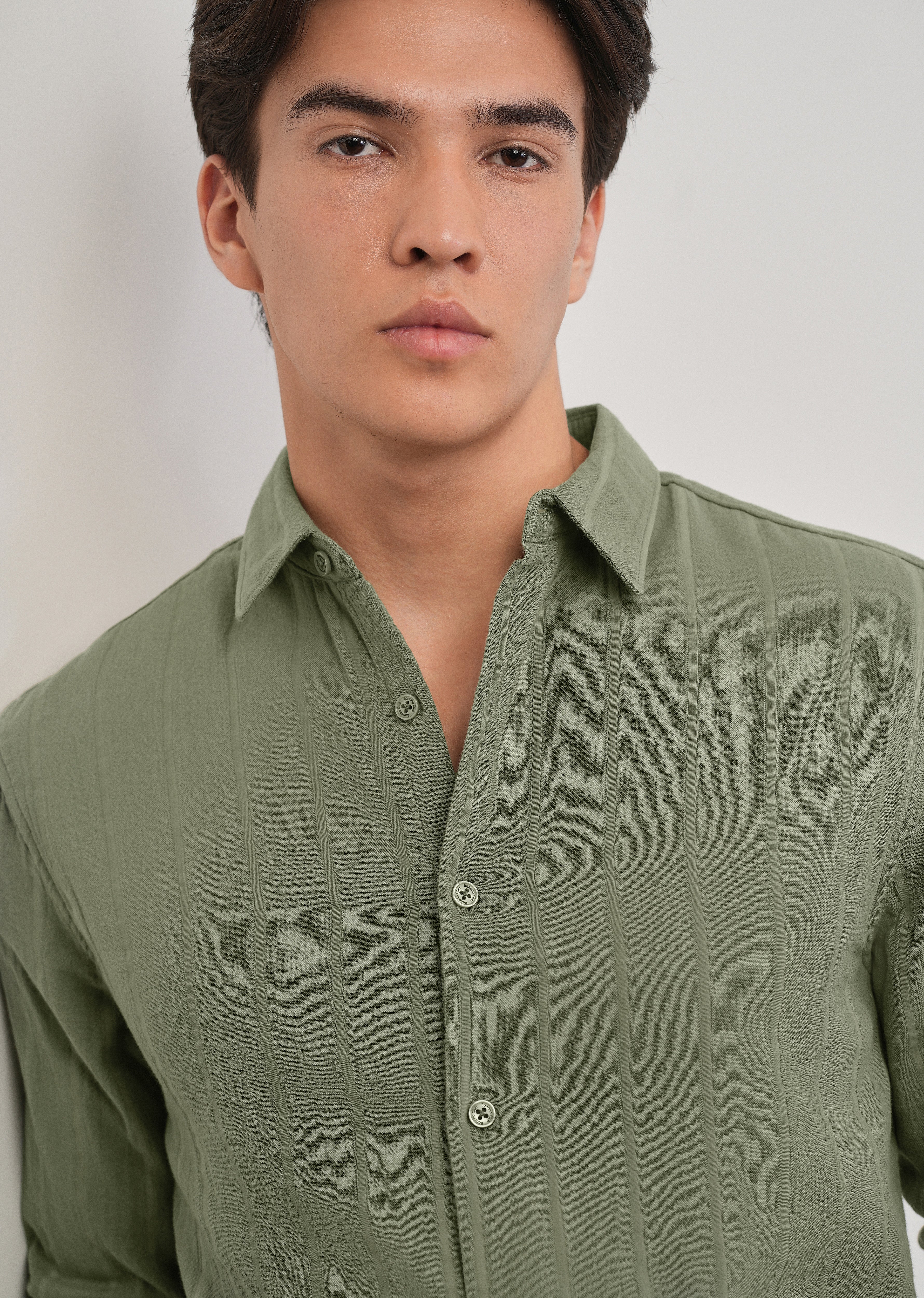 Olive Green Self Striped Cotton Shirt