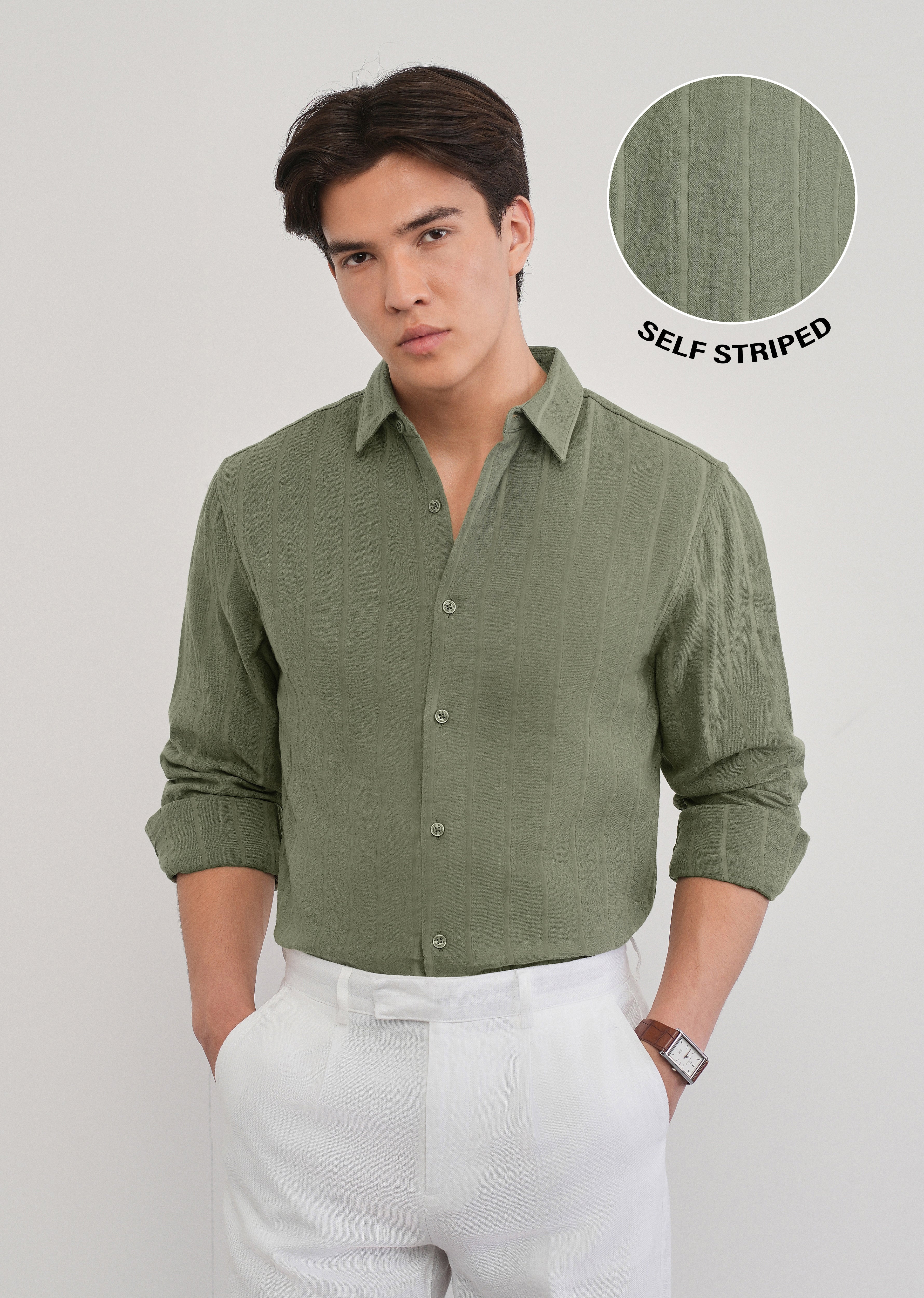 Olive Green Self Striped Cotton Shirt