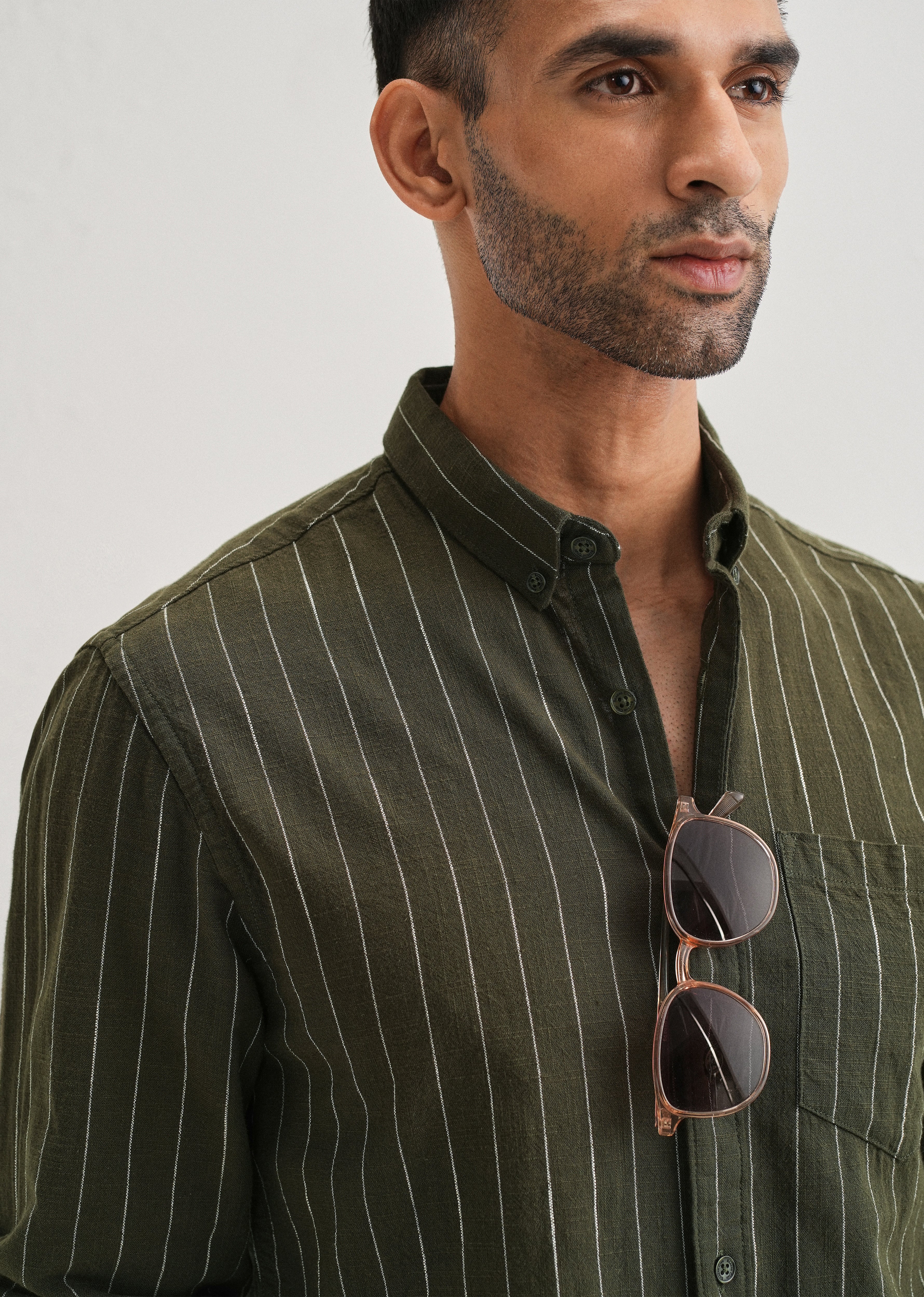 Olive Green Striped Cotton Linen Shirt