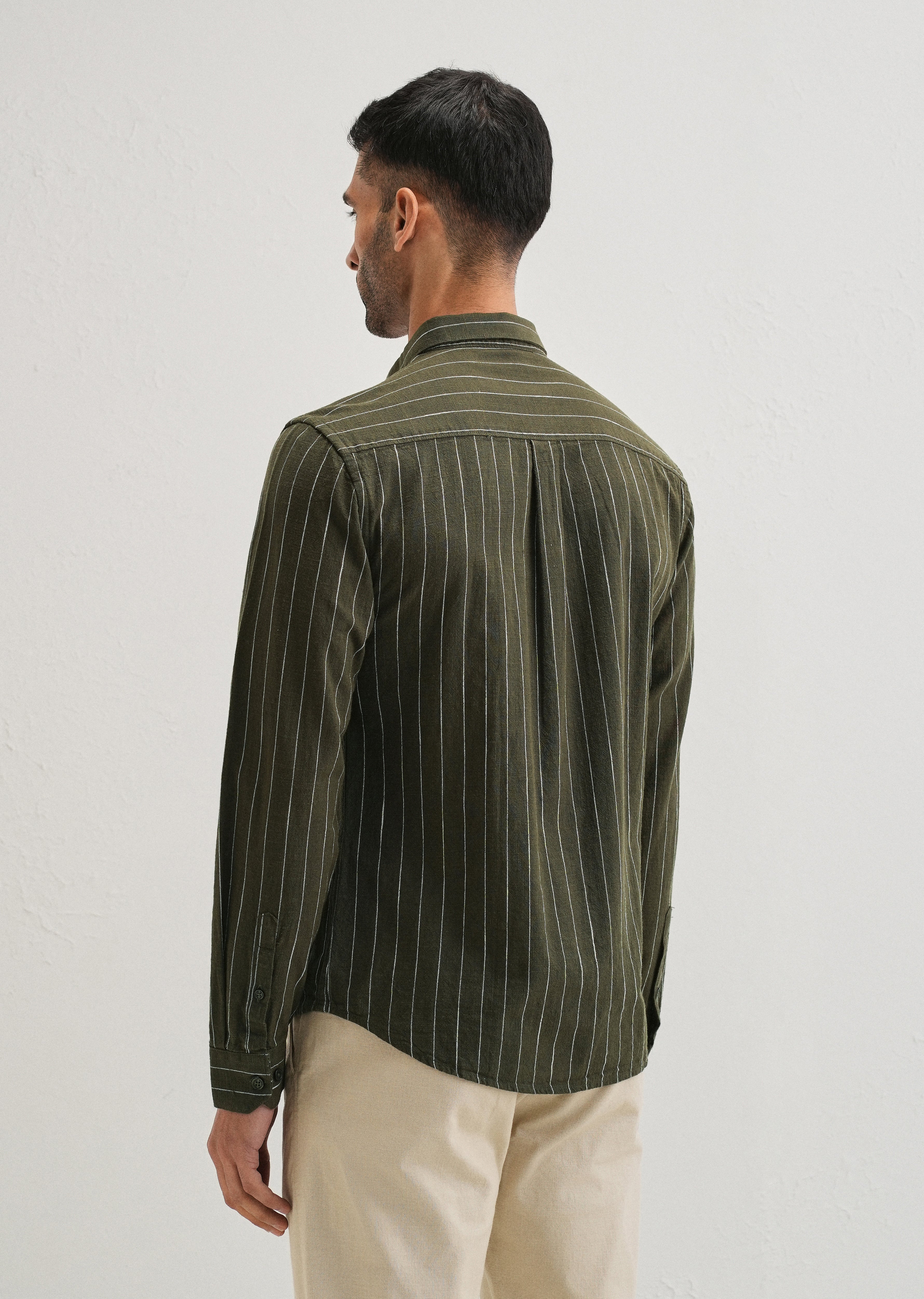 Olive Green Striped Cotton Linen Shirt