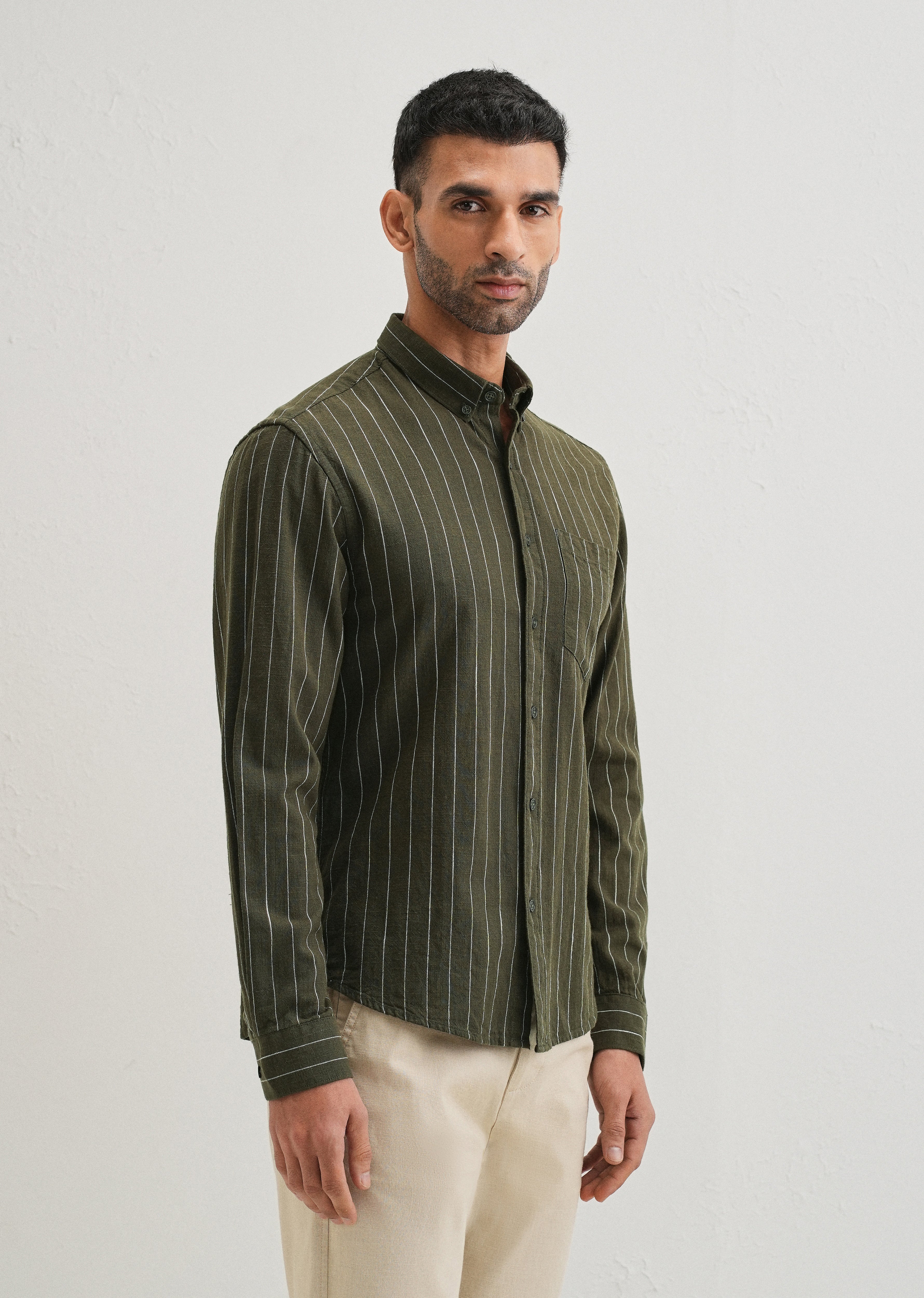 Olive Green Striped Cotton Linen Shirt