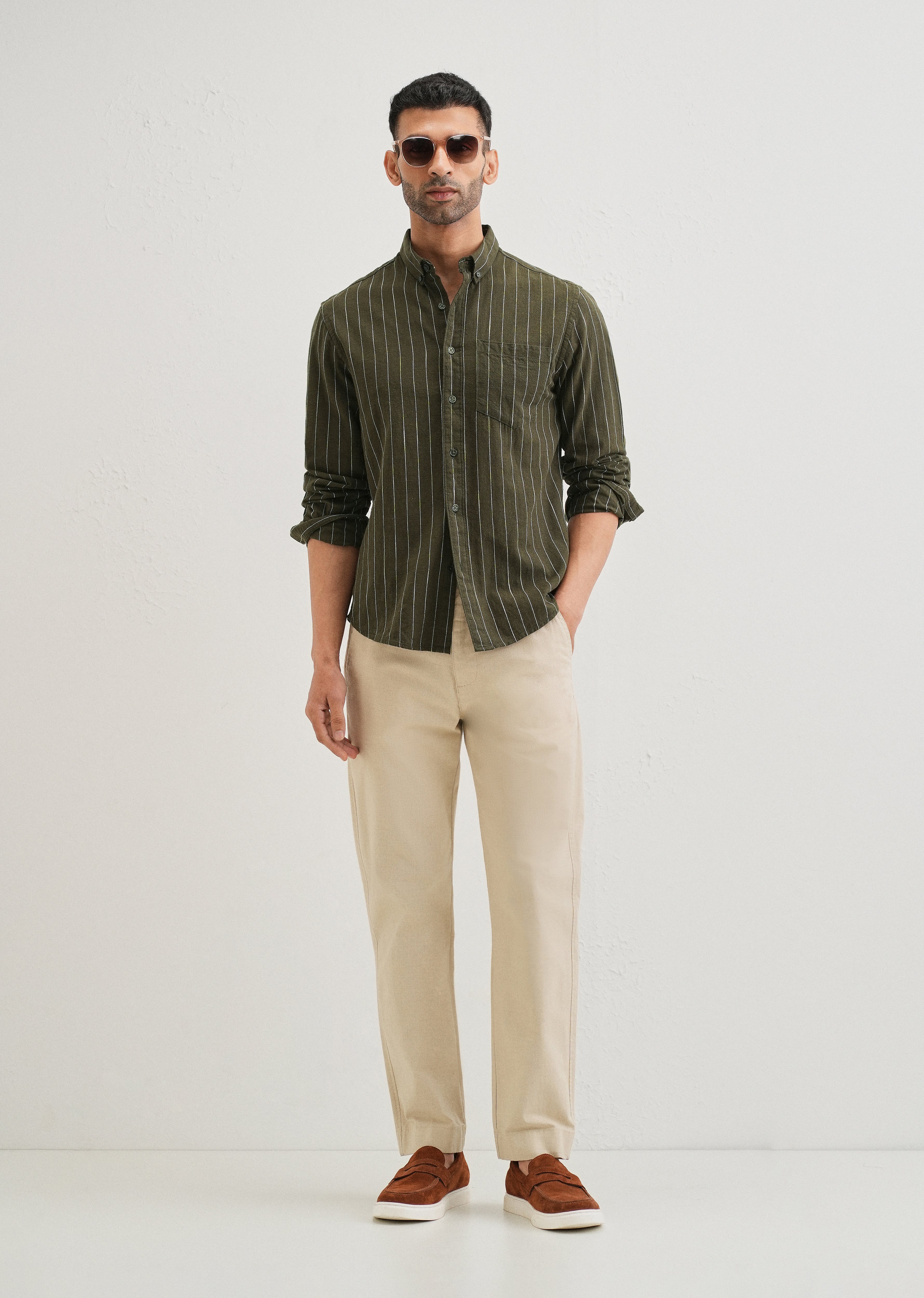 Olive Green Striped Cotton Linen Shirt