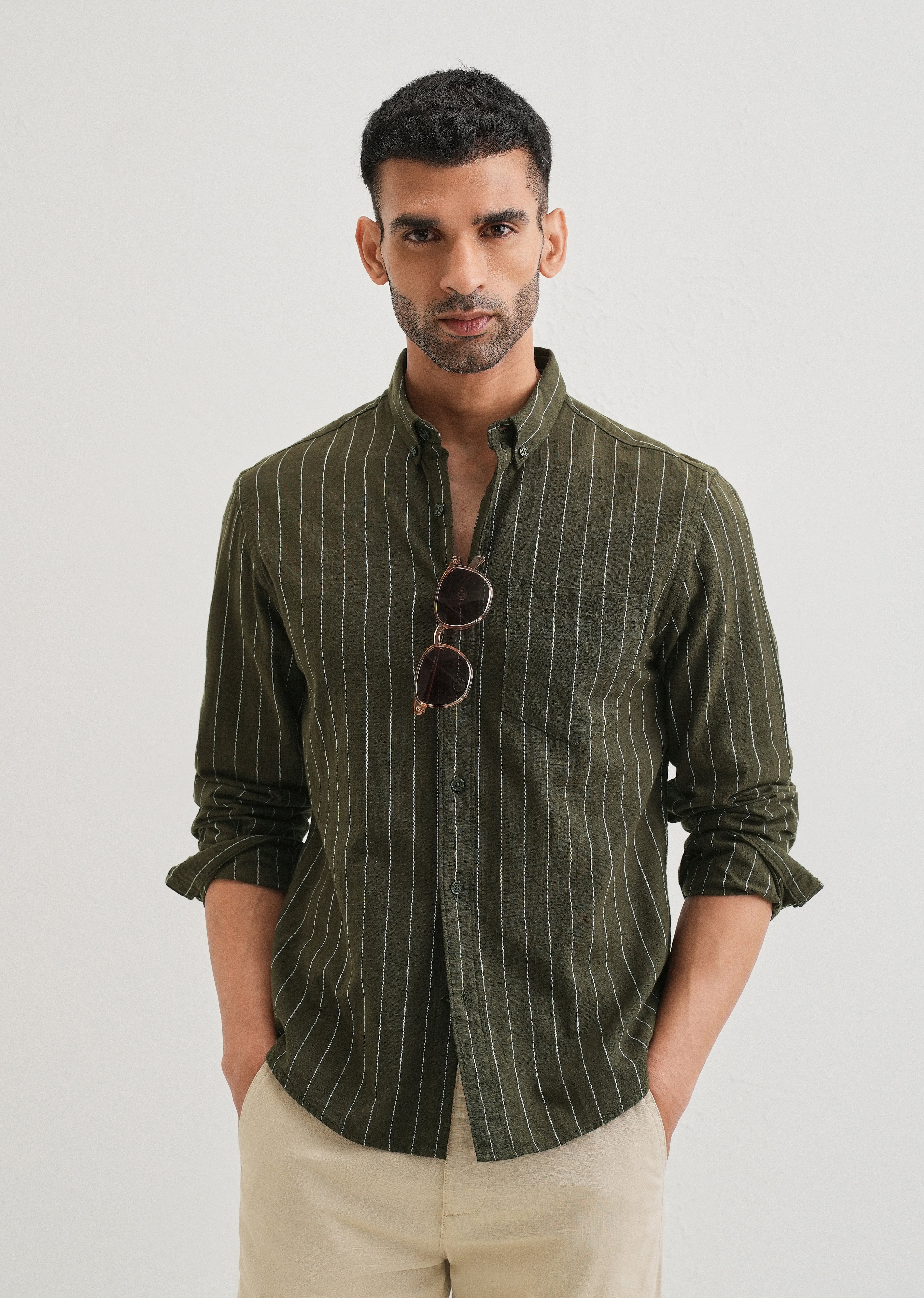 Olive Green Striped Cotton Linen Shirt