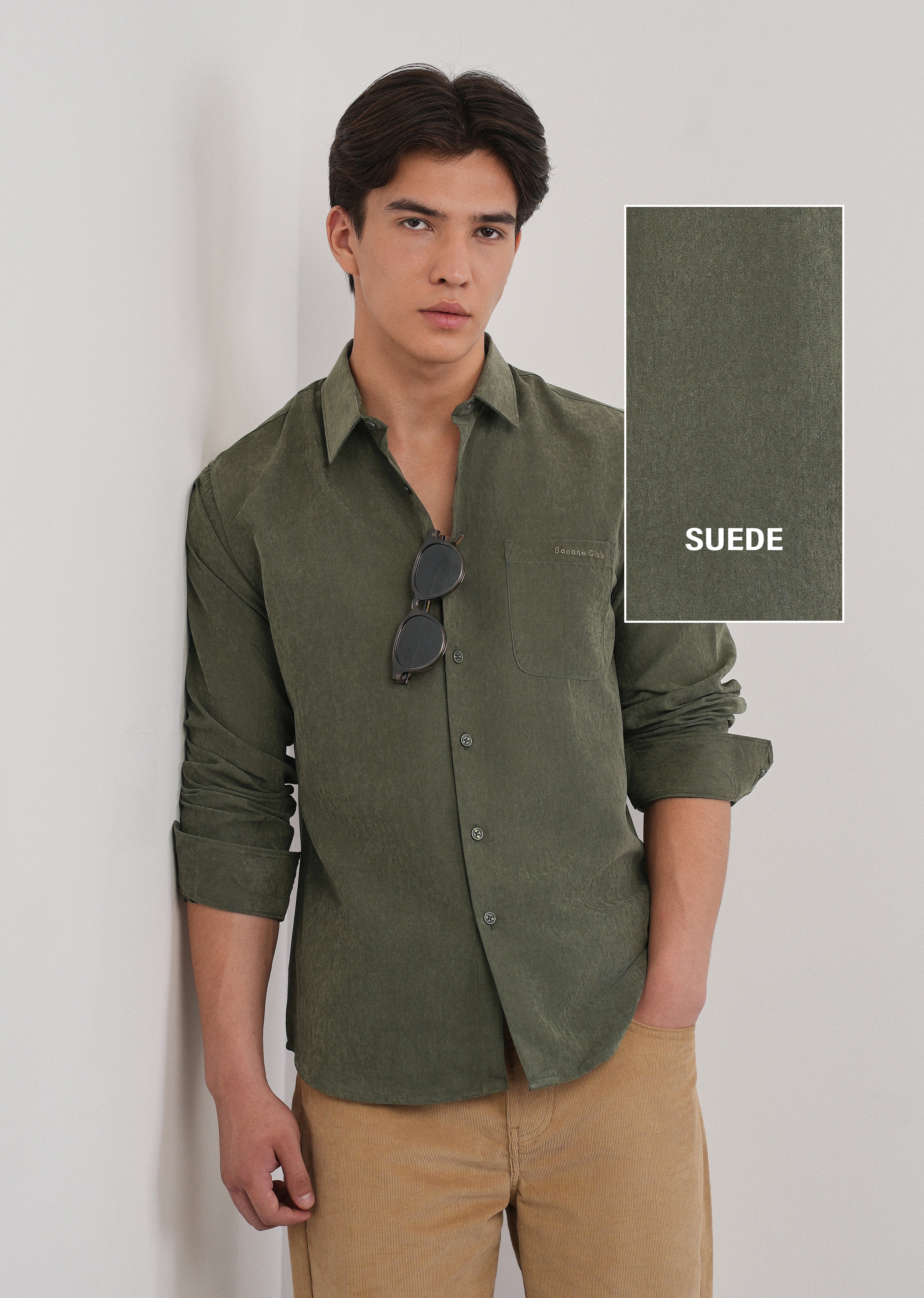 Olive Green Suede Plain Shirt