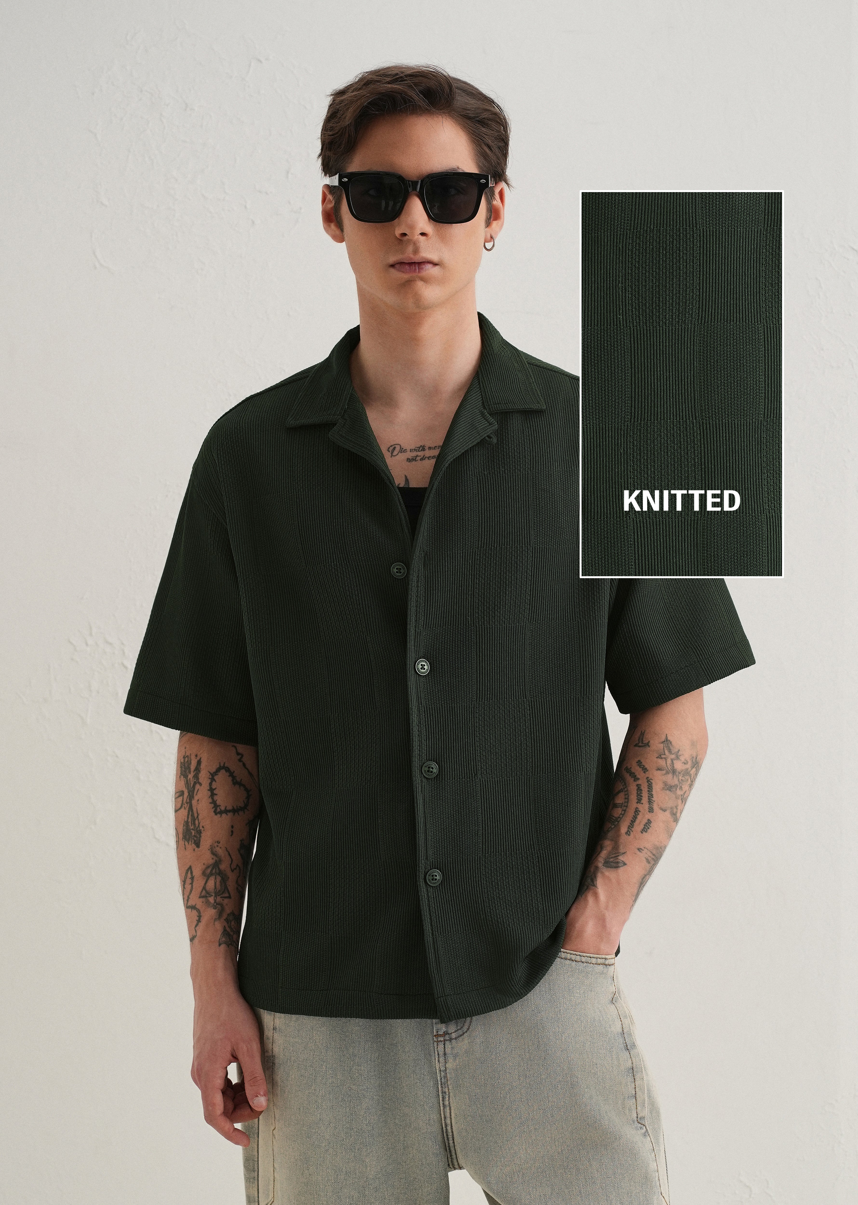 Olive Green Textured Check Knit Shirt