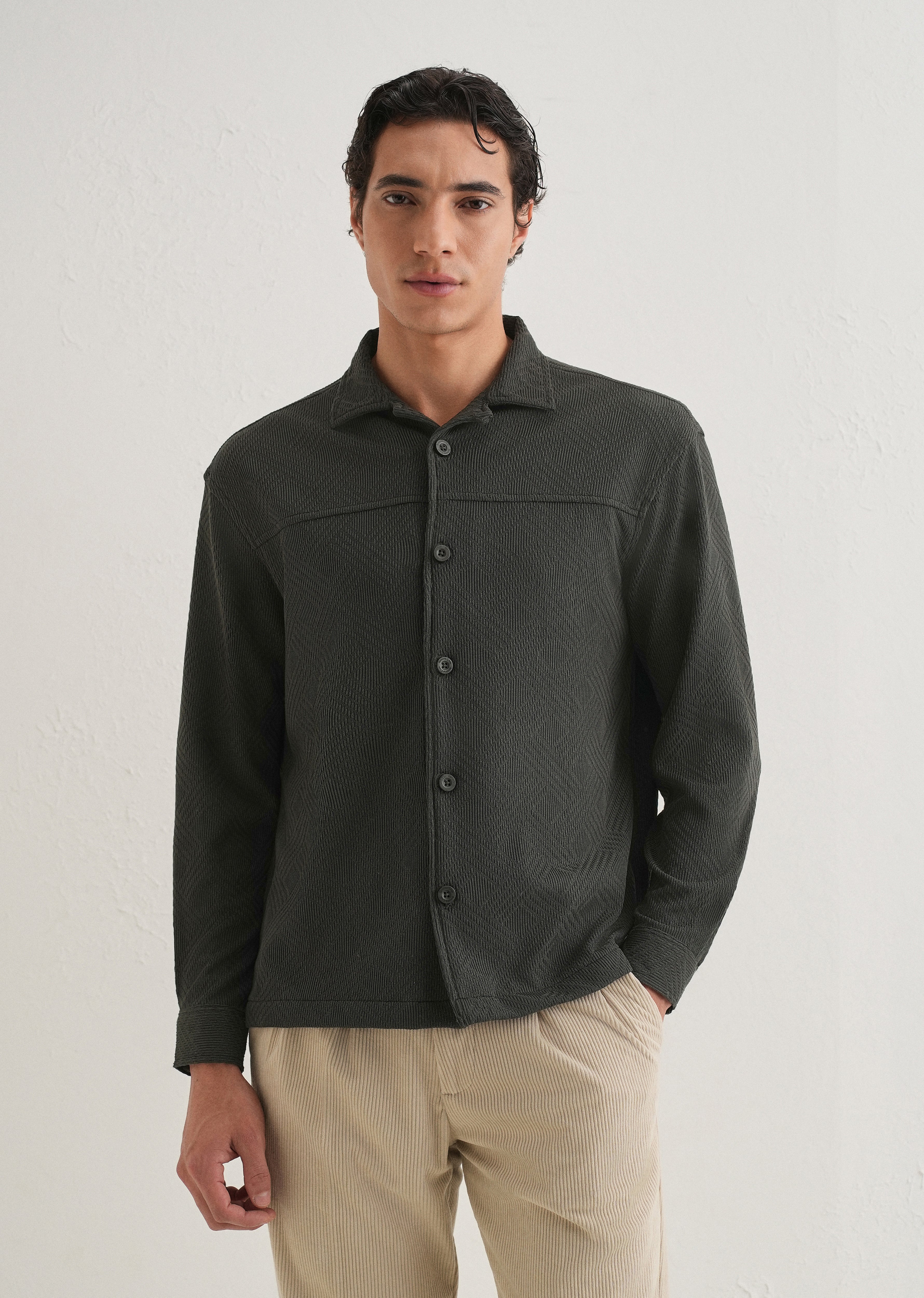 Olive Green Textured Knit Shacket