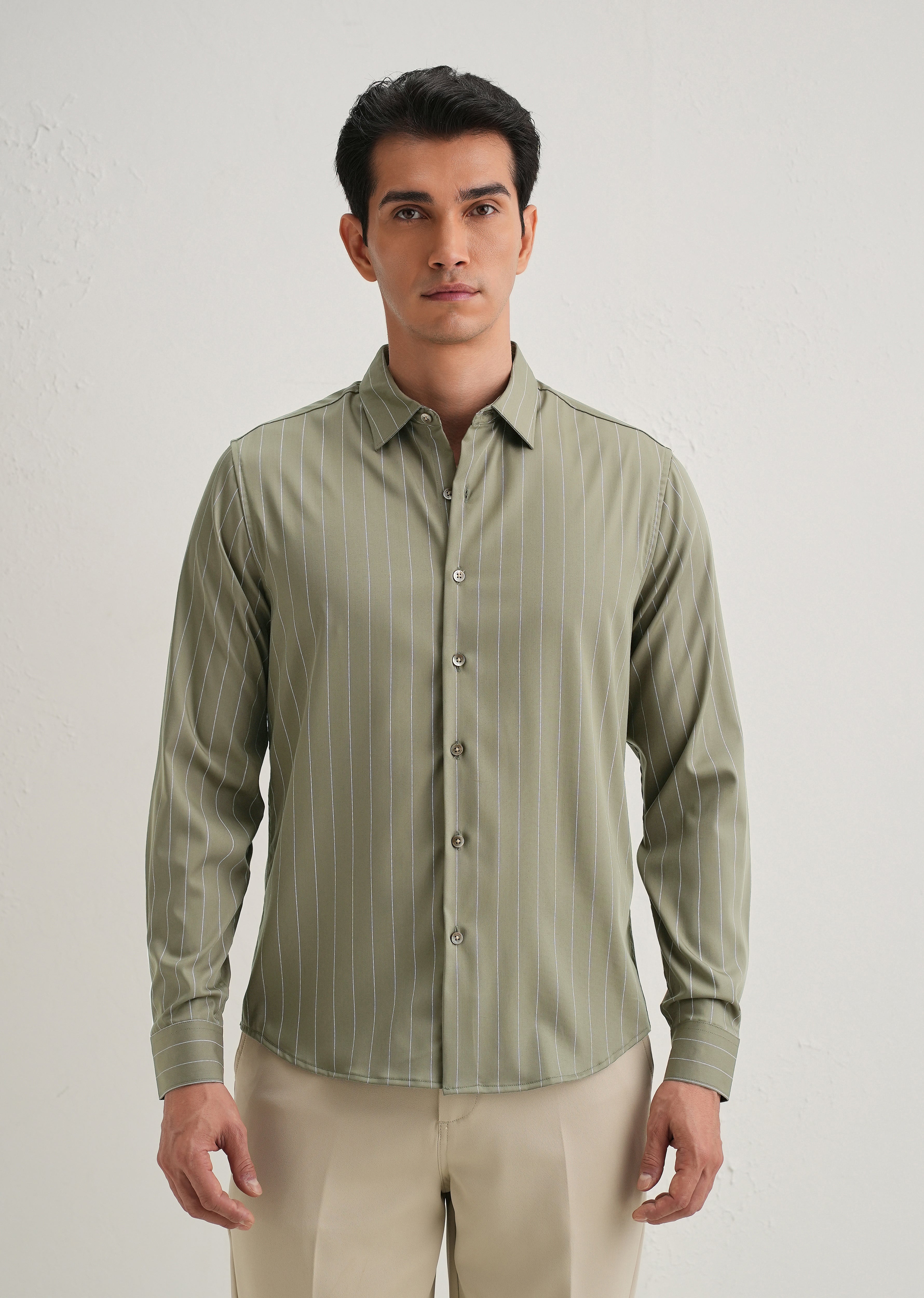 Olive Green Vertical Stripe Shirt