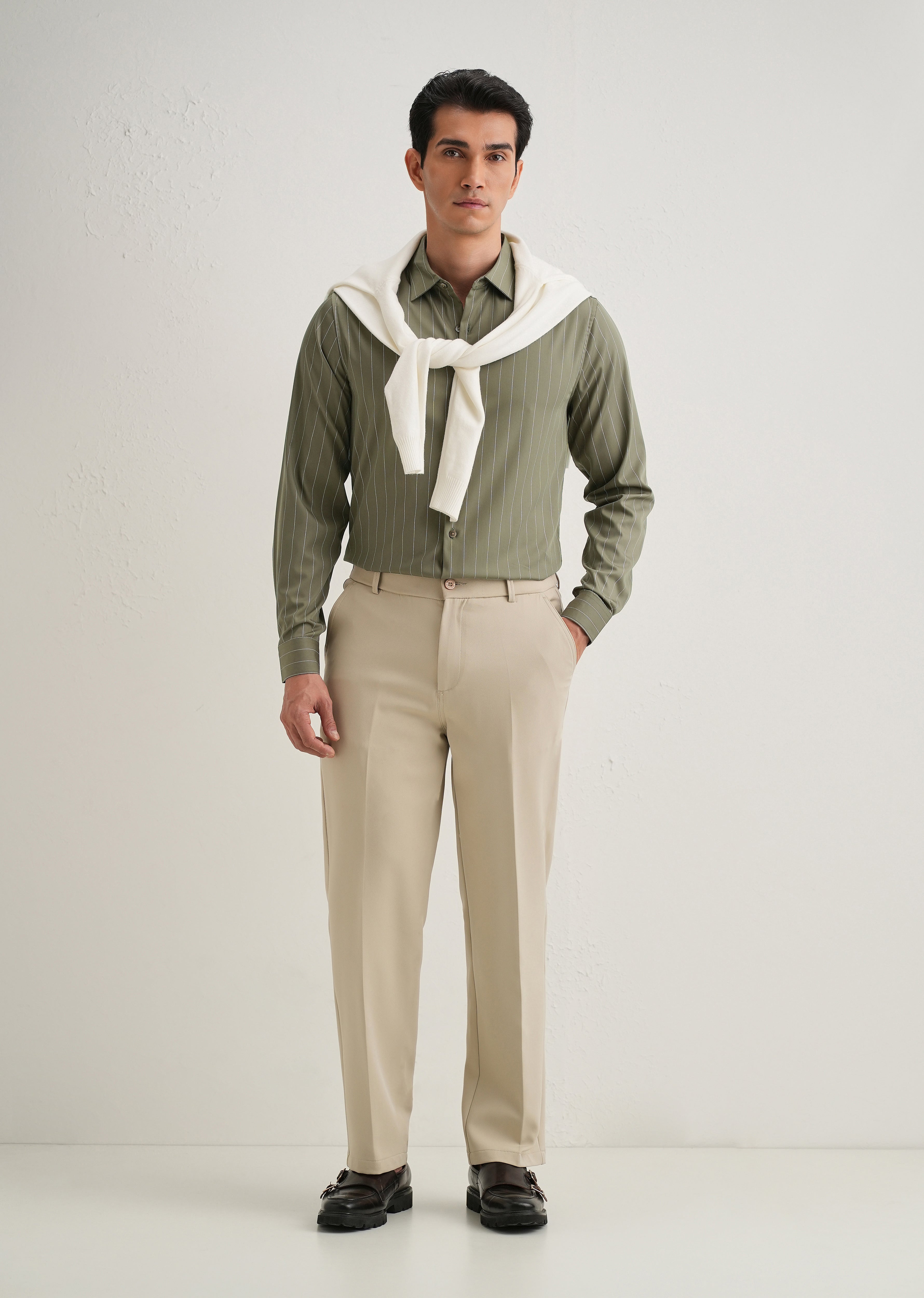 Olive Green Vertical Stripe Shirt