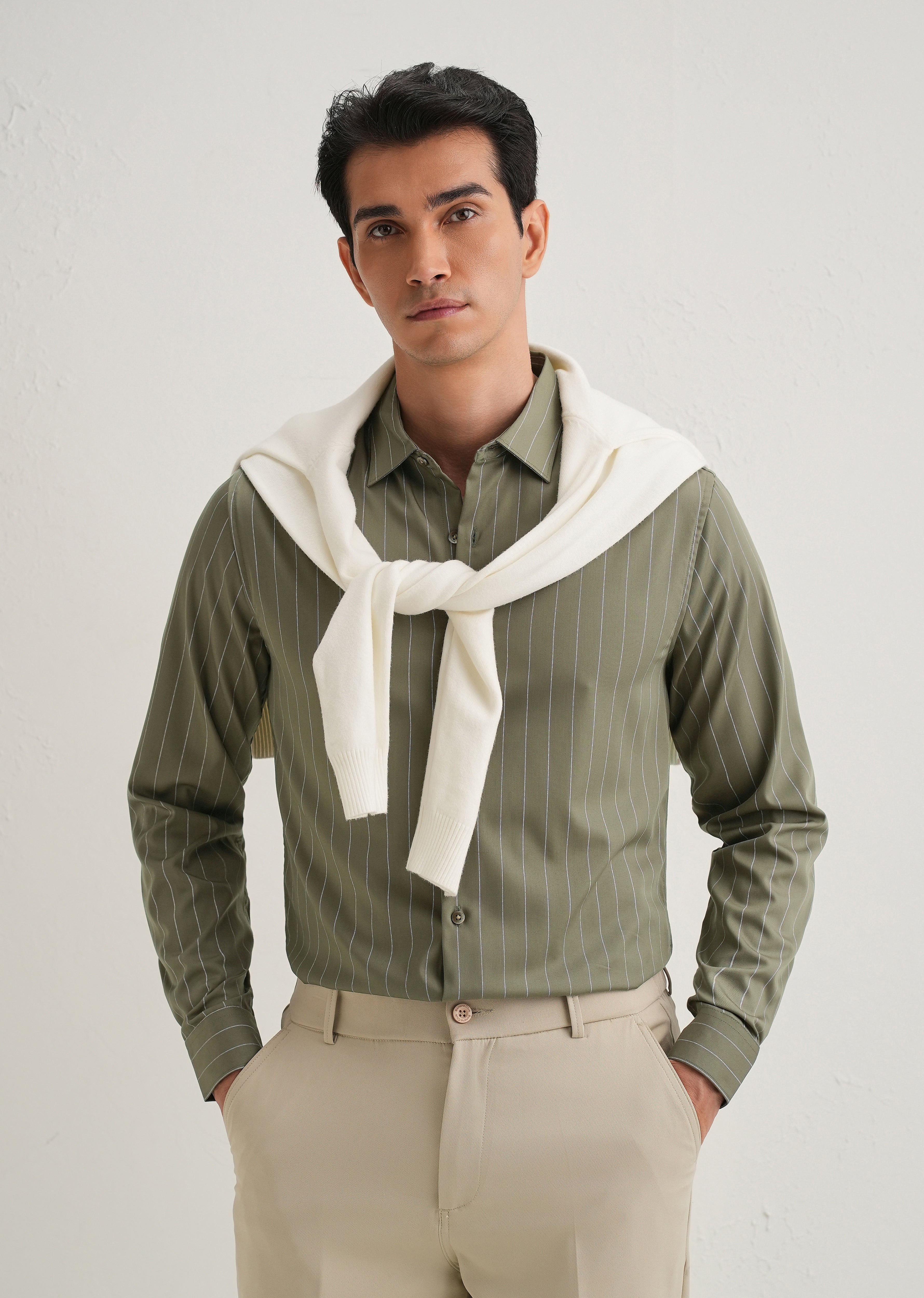 Olive Green Vertical Stripe Shirt