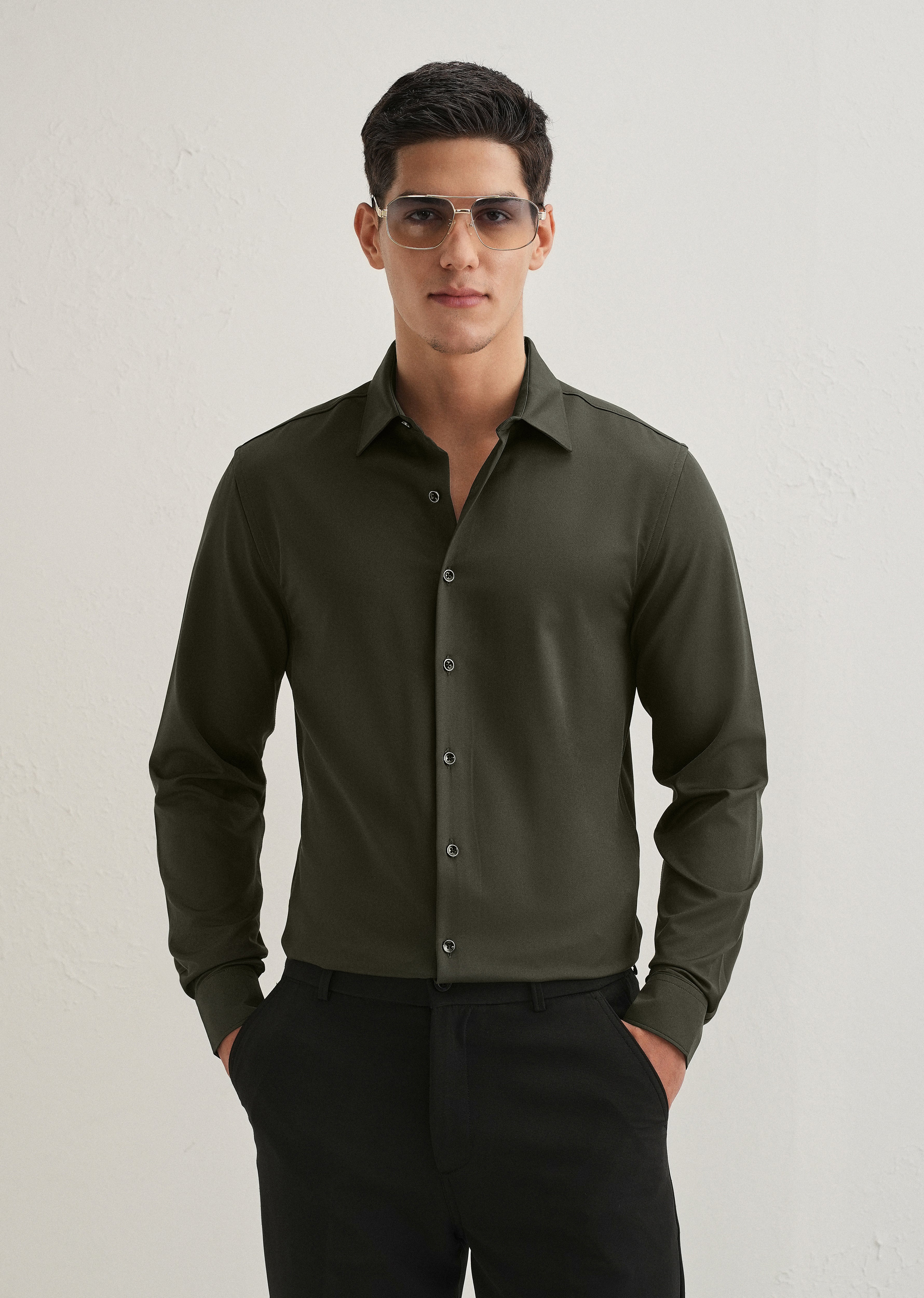 Olive Green Wrinkle Free Stitchless Placket Shirt