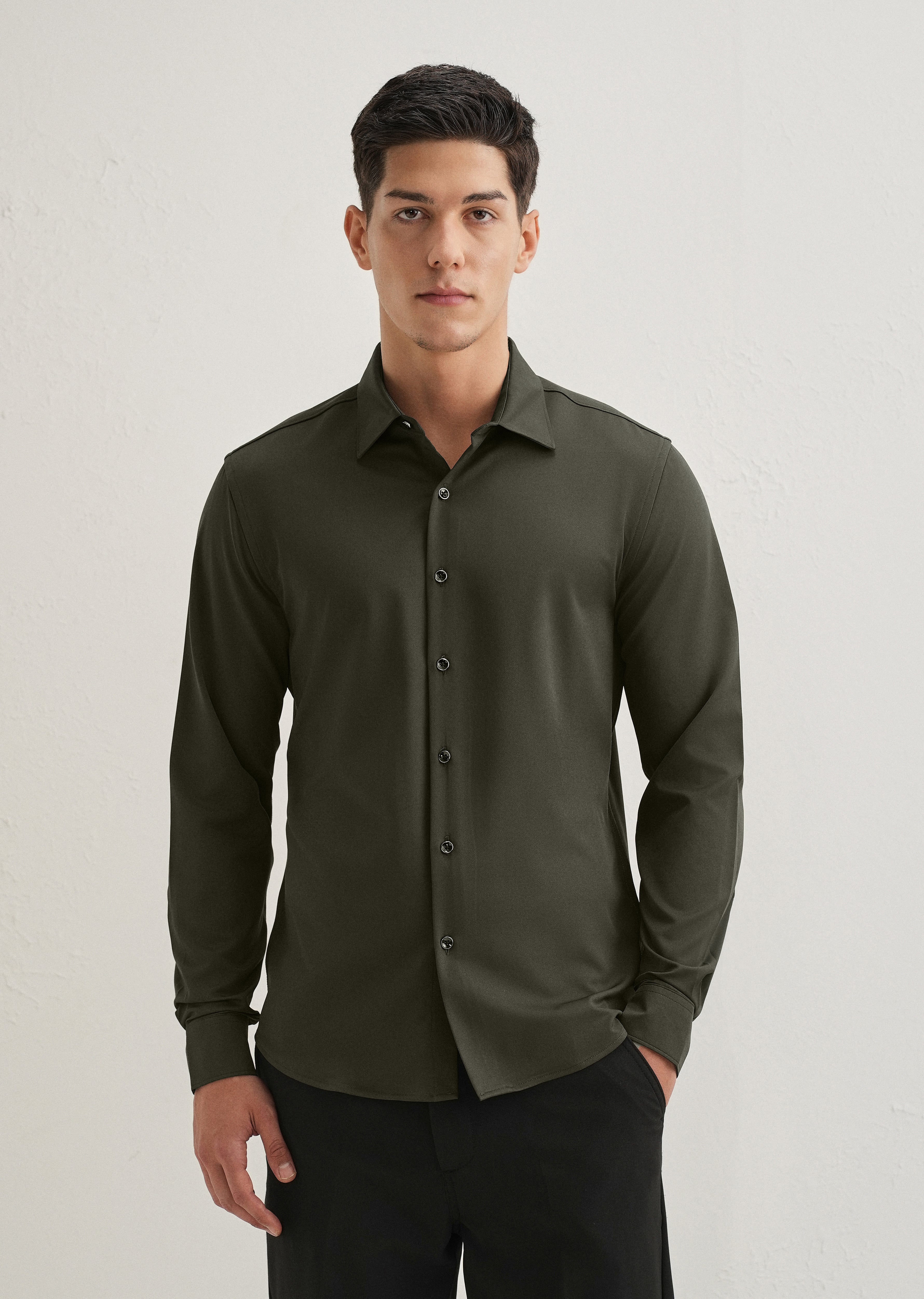 Olive Green Wrinkle Free Stitchless Placket Shirt