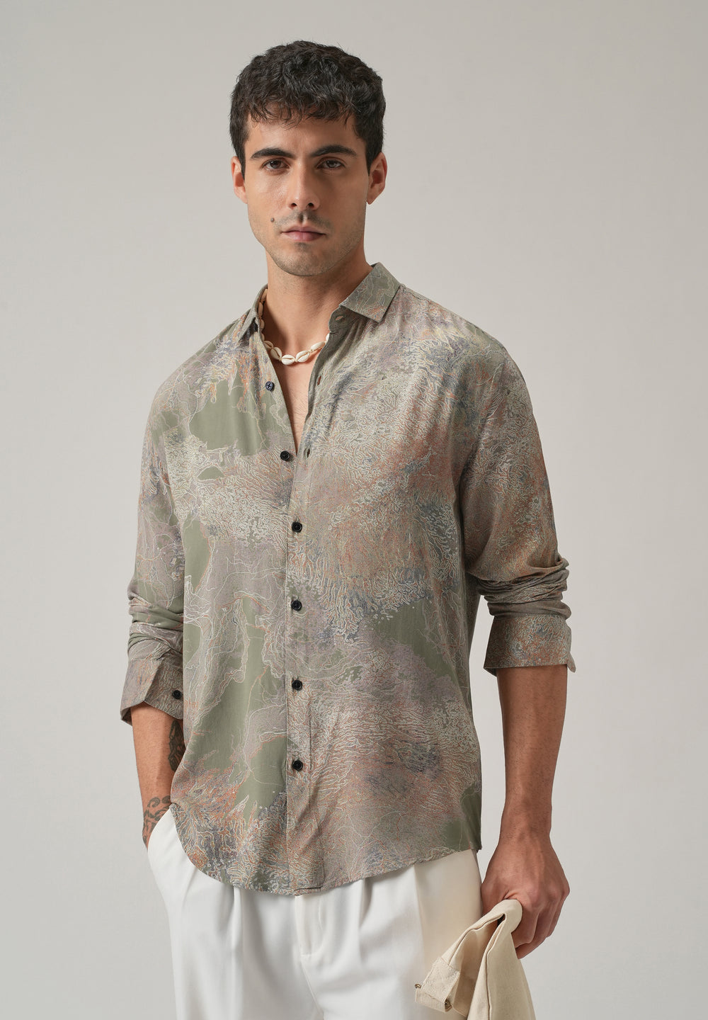 Olive Intricate Print Feather Shirt