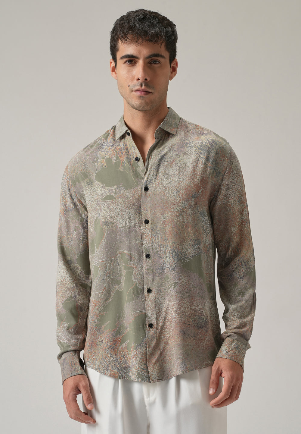 Olive Intricate Print Feather Shirt