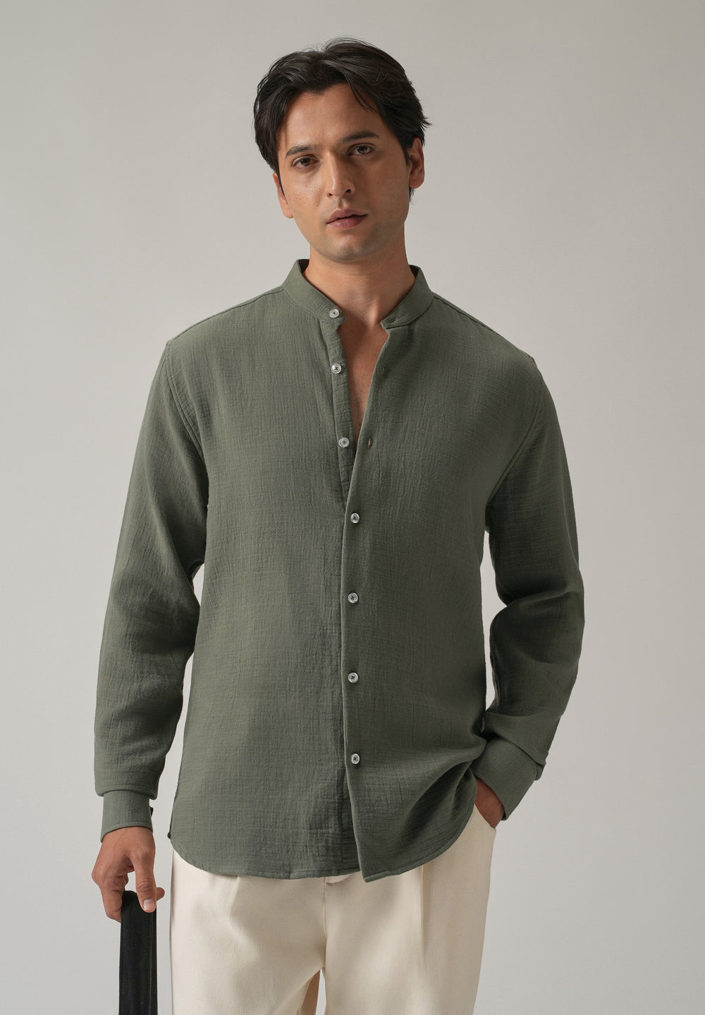 Olive Plain Mandarin Collar Cotton Shirt