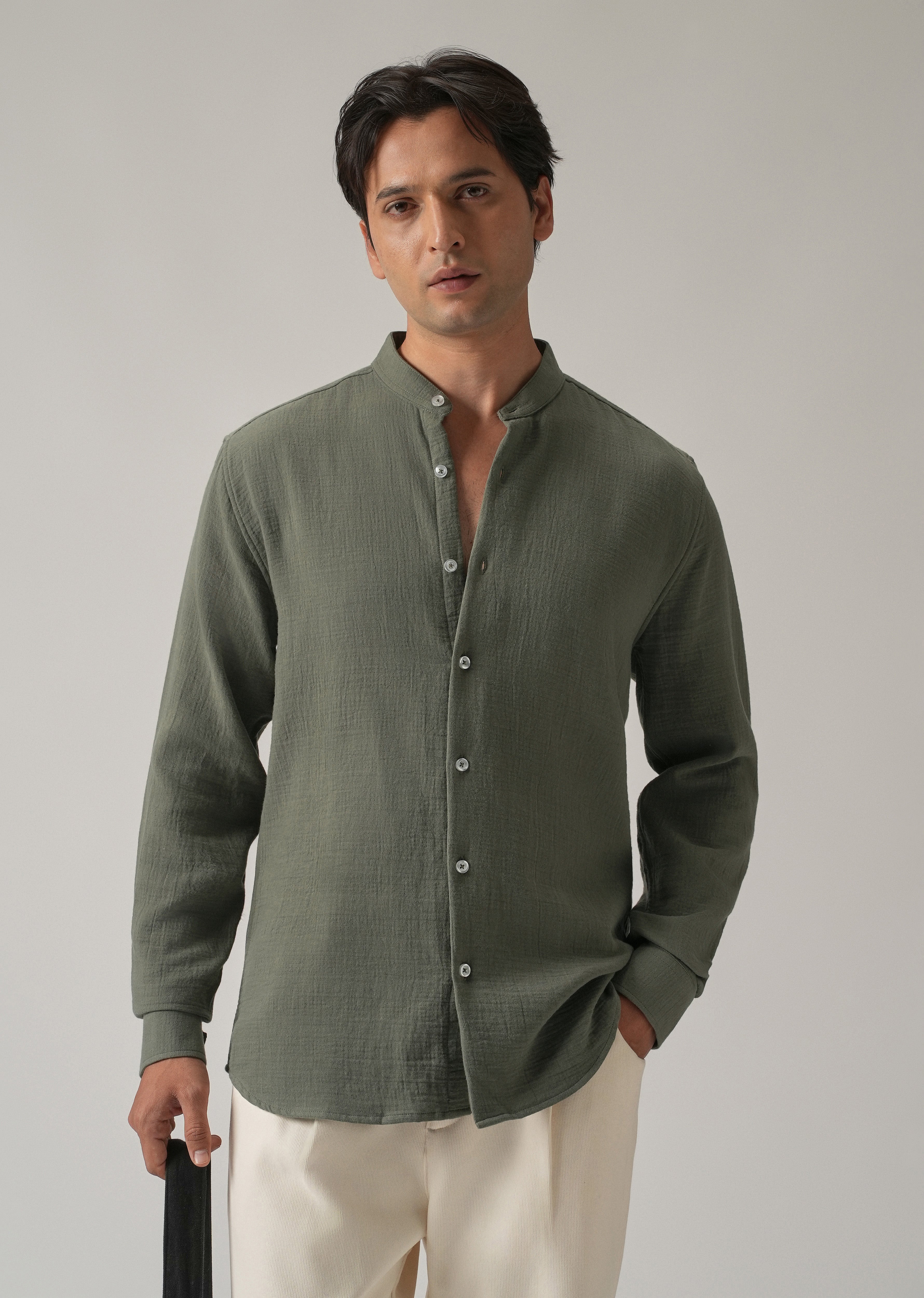 Olive Plain Mandarin Collar Cotton Shirt