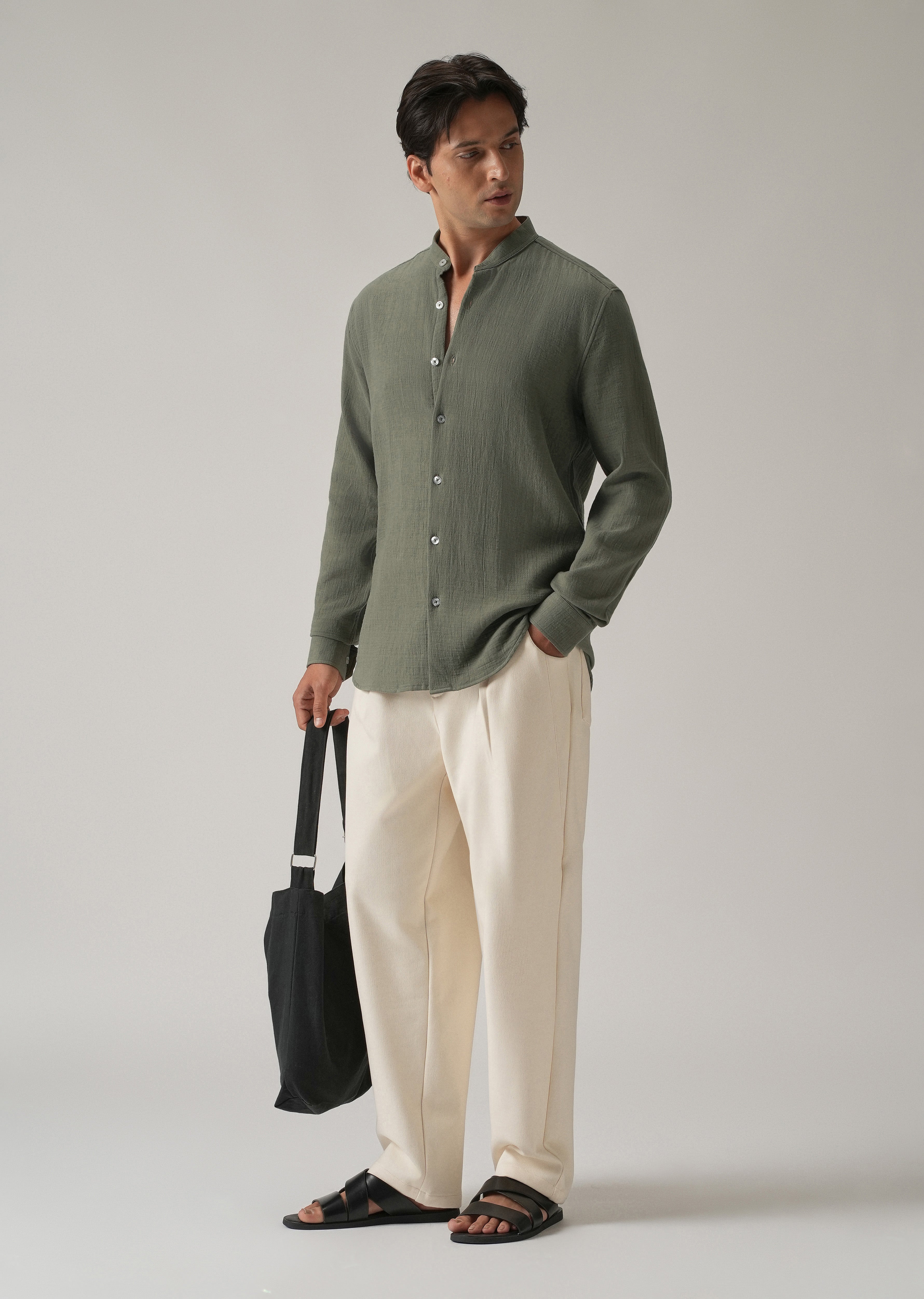 Olive Plain Mandarin Collar Cotton Shirt