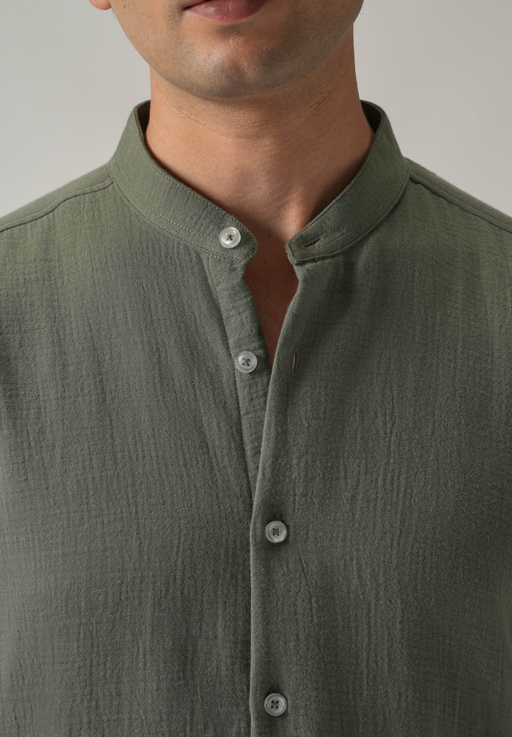 Olive Plain Mandarin Collar Cotton Shirt