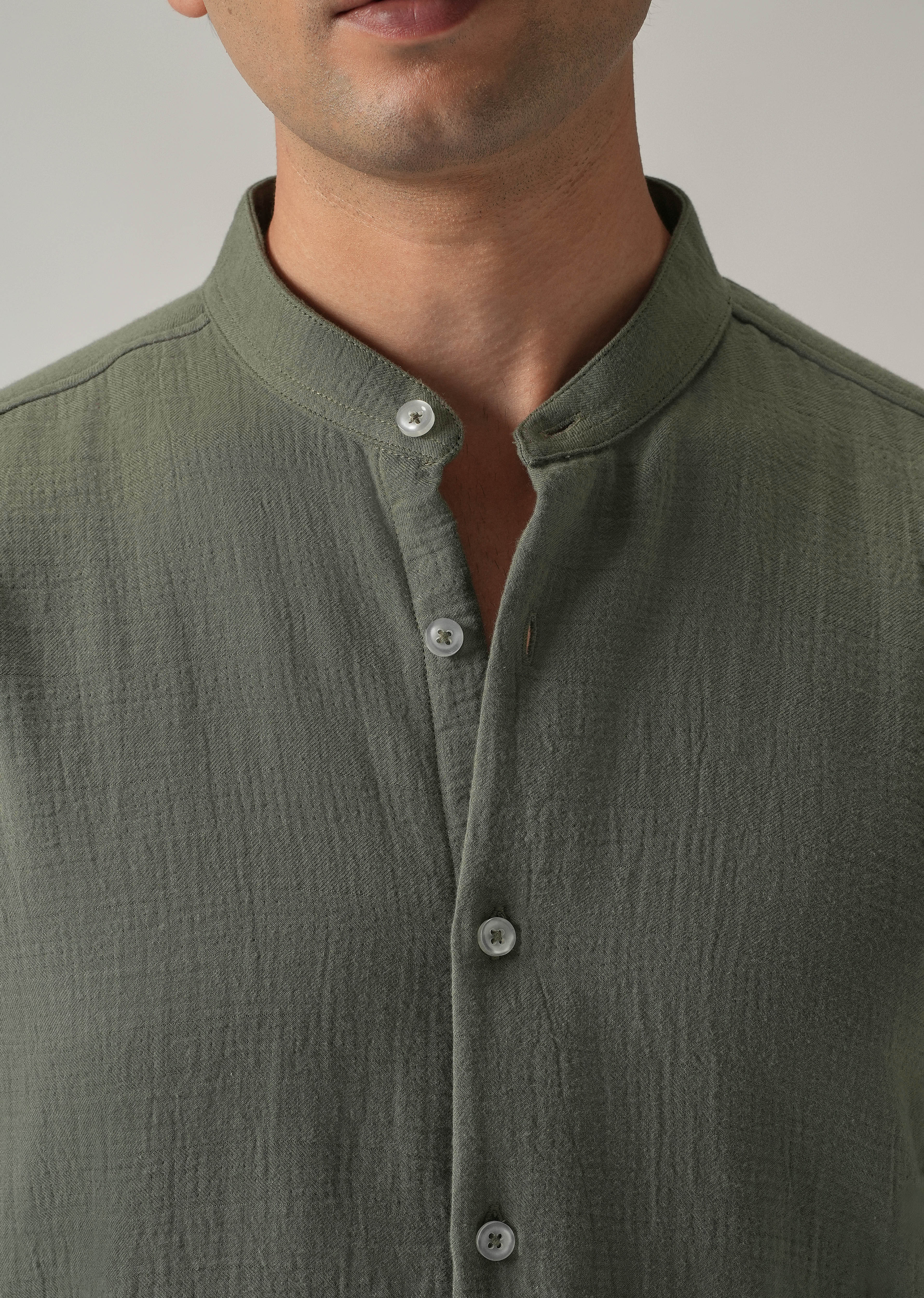 Olive Plain Mandarin Collar Cotton Shirt