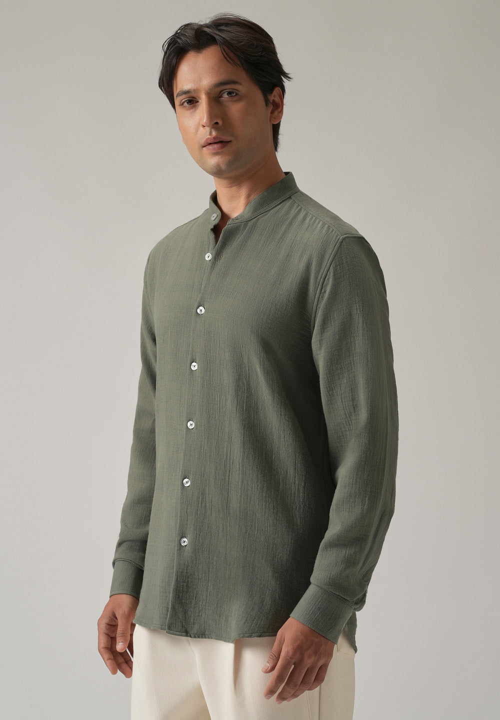 Olive Plain Mandarin Collar Cotton Shirt