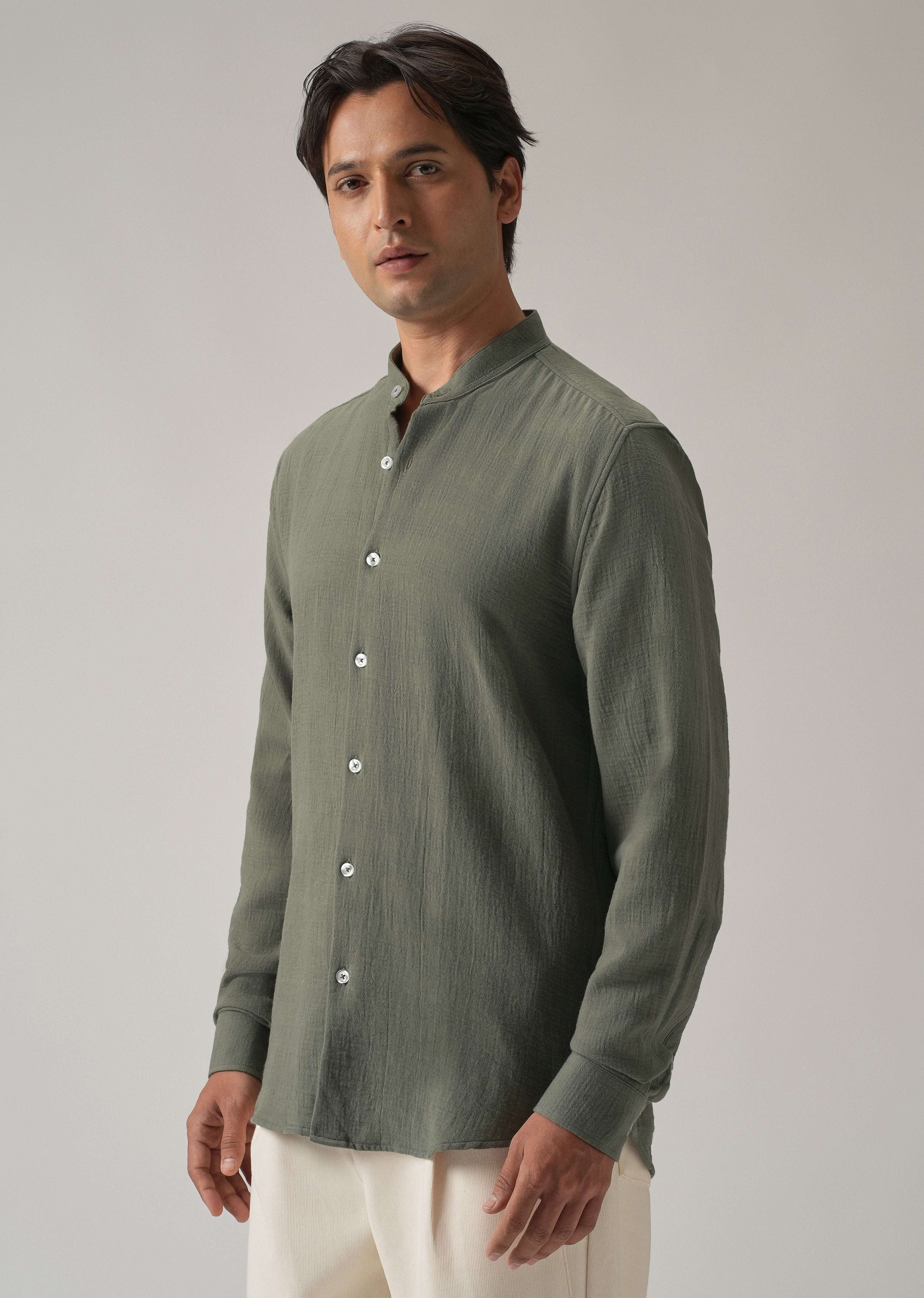 Olive Plain Mandarin Collar Cotton Shirt