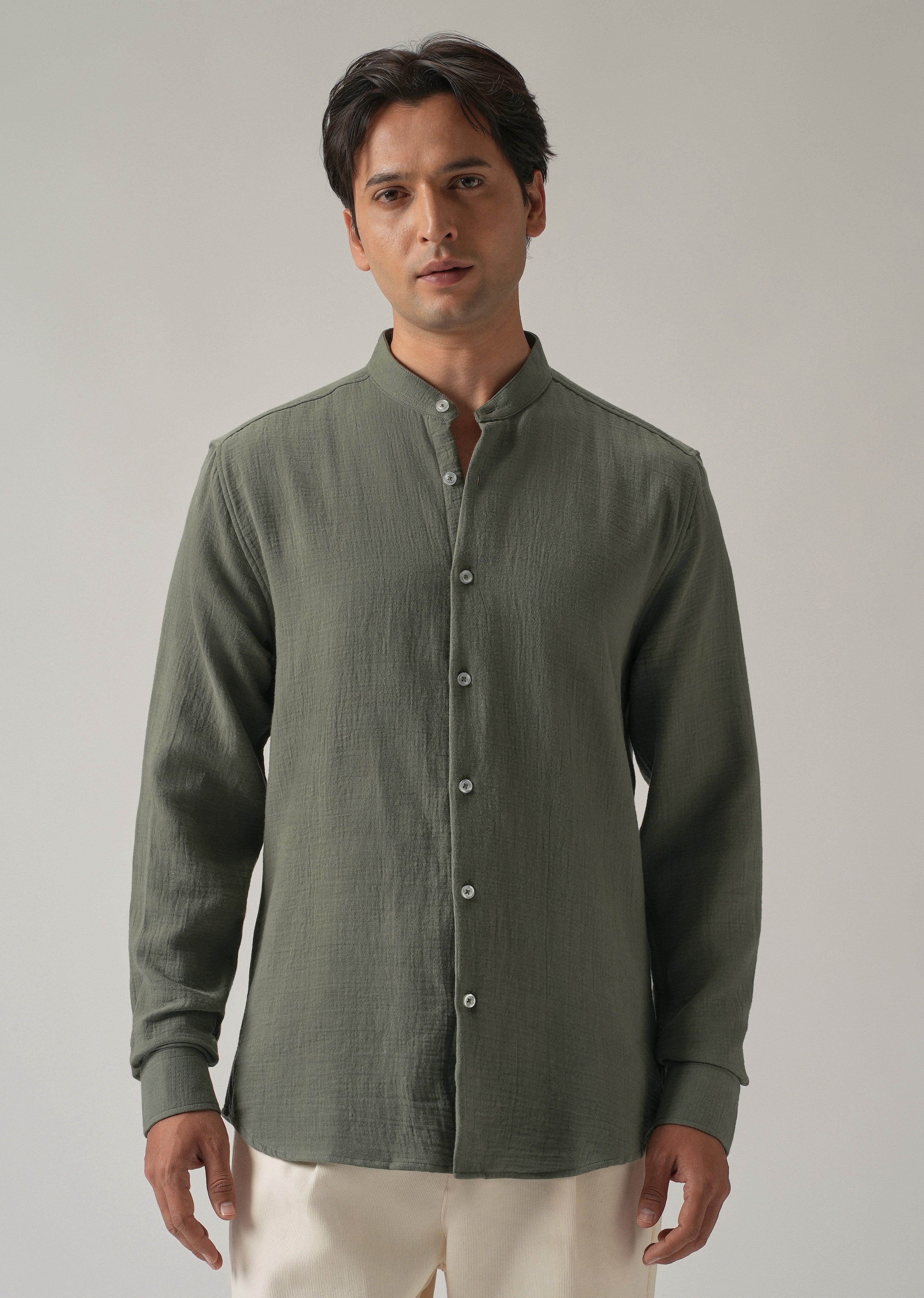 Olive Plain Mandarin Collar Cotton Shirt