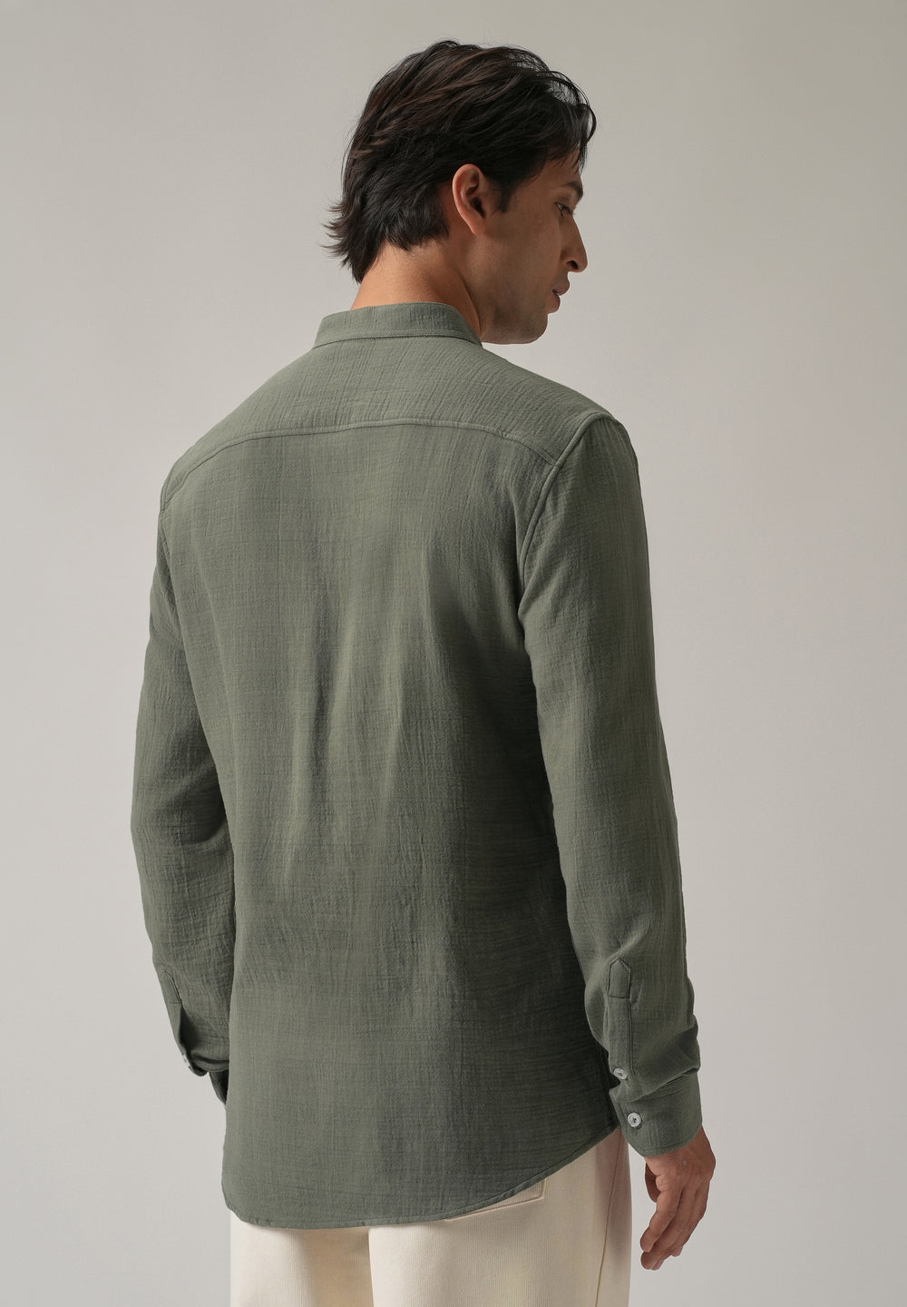 Olive Plain Mandarin Collar Cotton Shirt