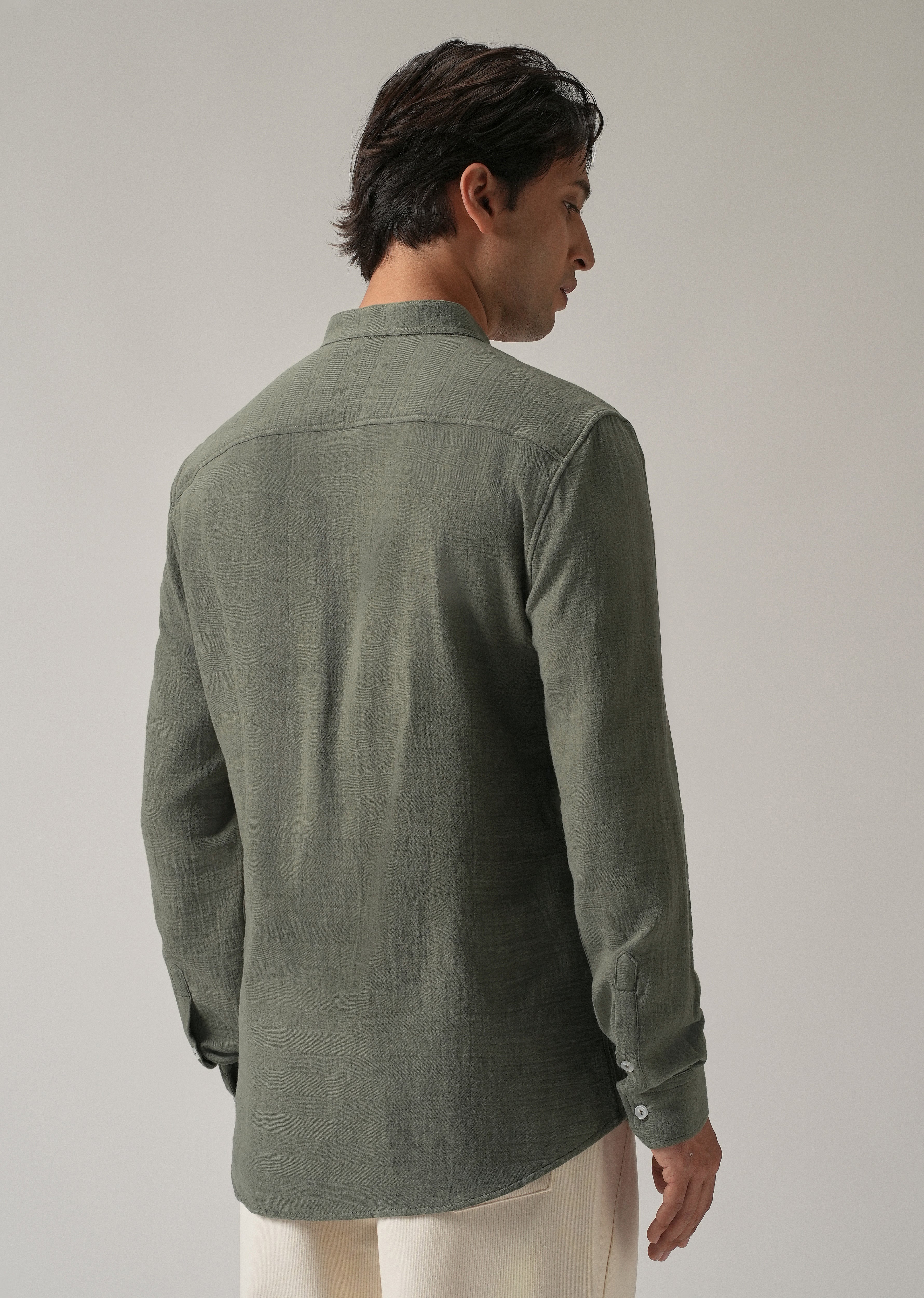Olive Plain Mandarin Collar Cotton Shirt