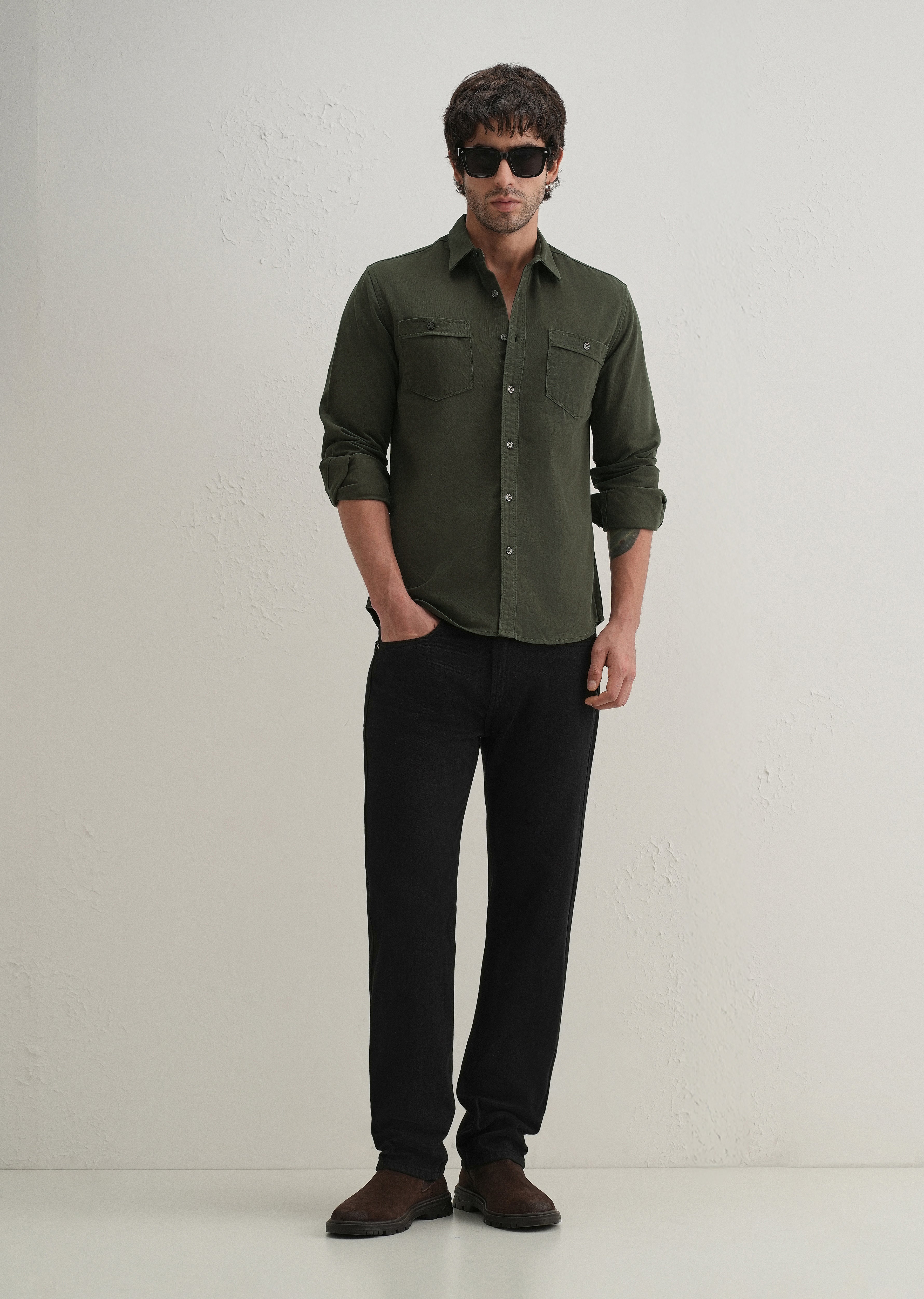 Olive Plain Double Pocket Shirt